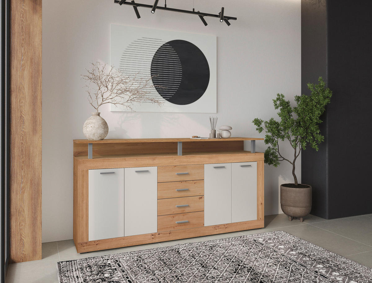 SIDEBOARD 195/88/38 cm  in Eiche Artisan, Weiss  - Weiss/Alufarben, Basics, Holzwerkstoff/Kunststoff (195/88/38cm) - Xora