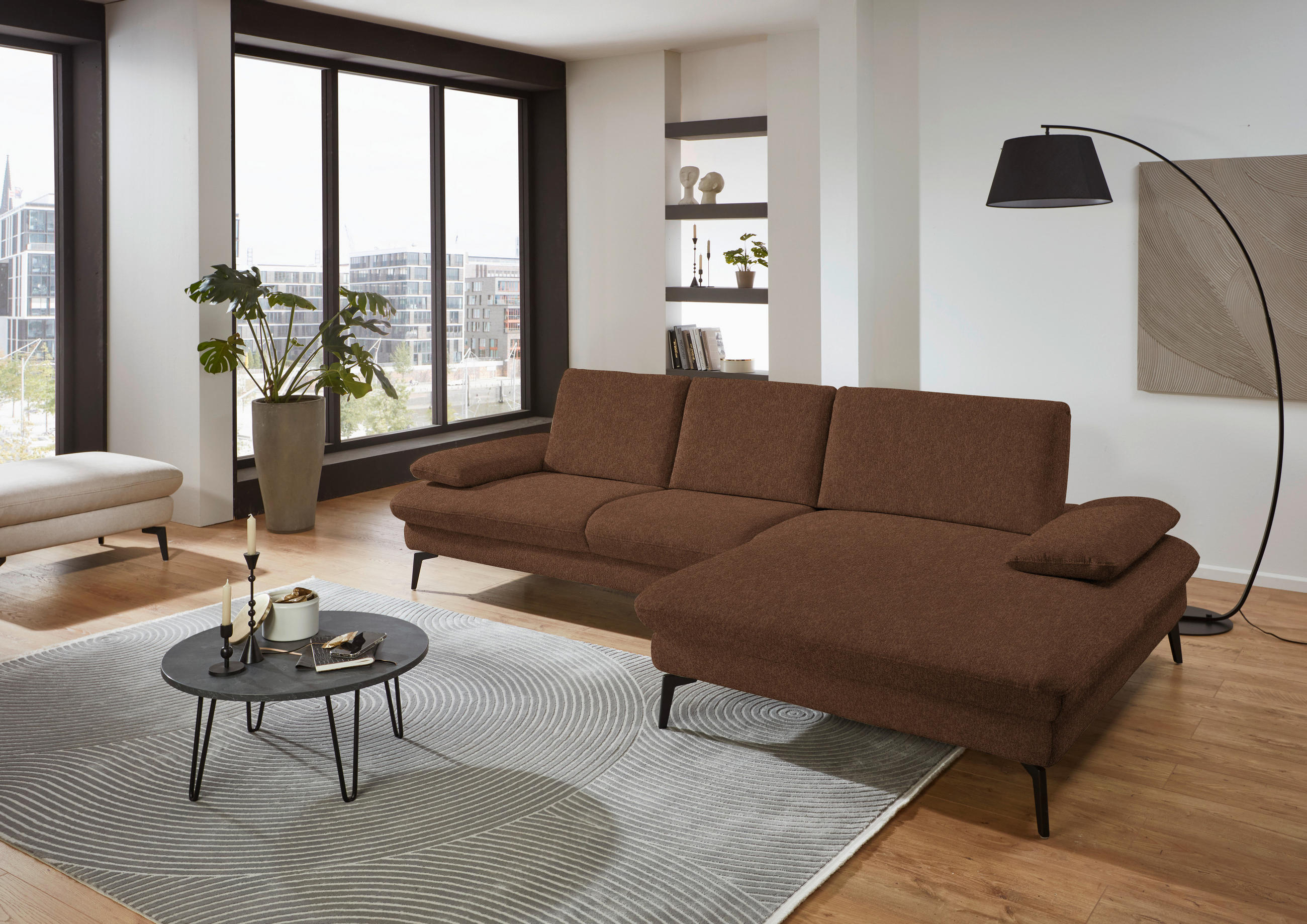 ECKSOFA in Chenille, Mikrofaser Braun  - Schwarz/Braun, Design, Textil/Metall (299/157cm) - Dieter Knoll