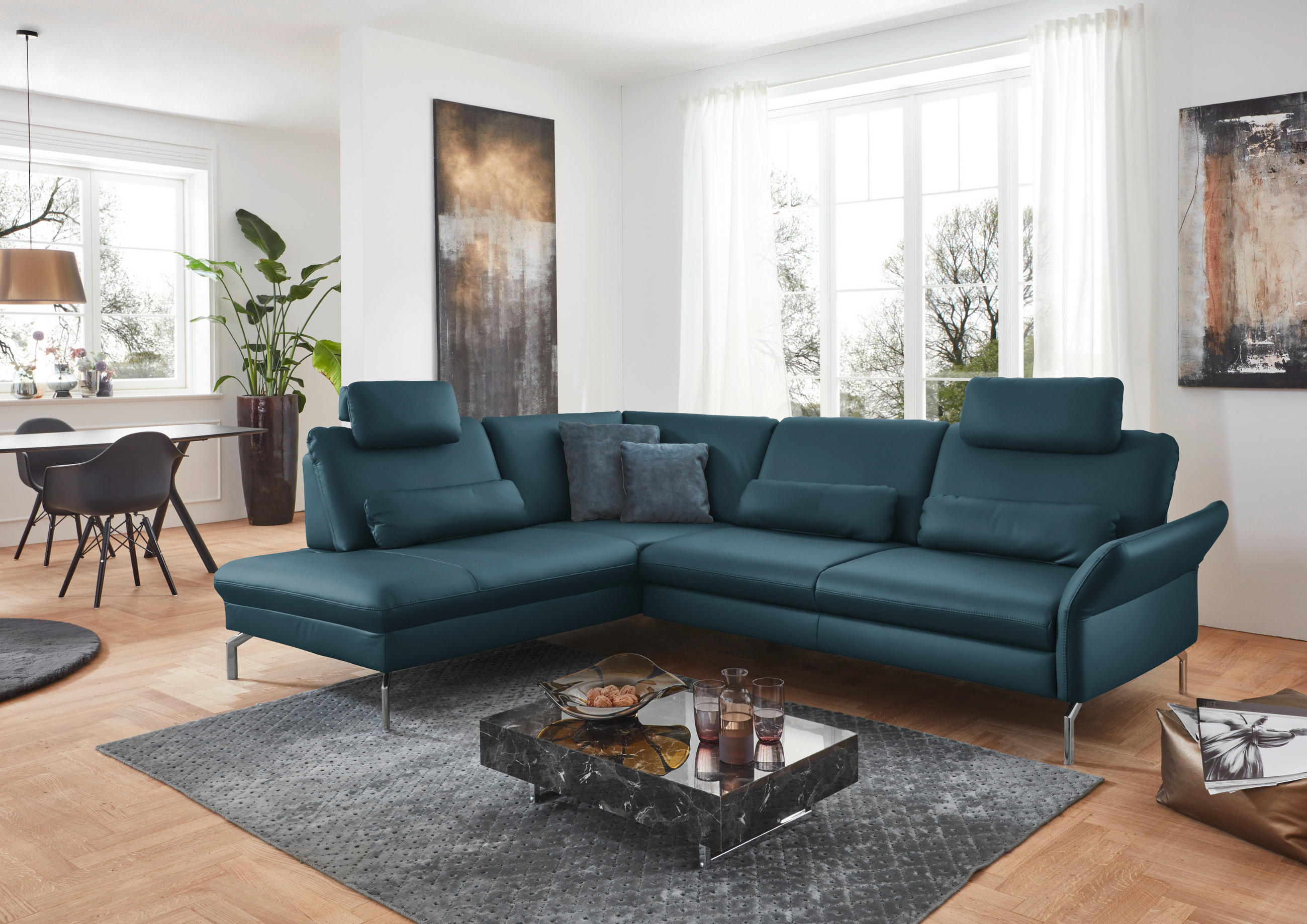 ECKSOFA in Echtleder Blau  - Blau/Alufarben, Konventionell, Leder/Metall (220/284cm) - Beldomo Premium