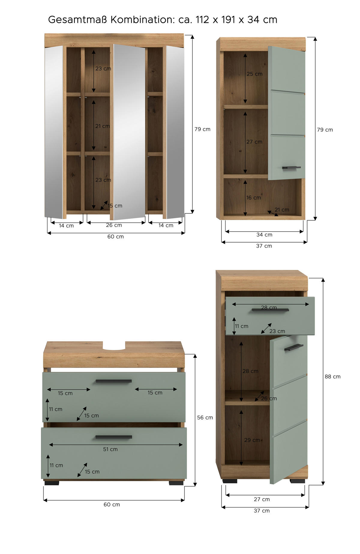 BADEZIMMER 4-teilig  in 97 cm  - Salbeigrün/Schwarz, Modern, Glas/Holzwerkstoff (97cm) - MID.YOU