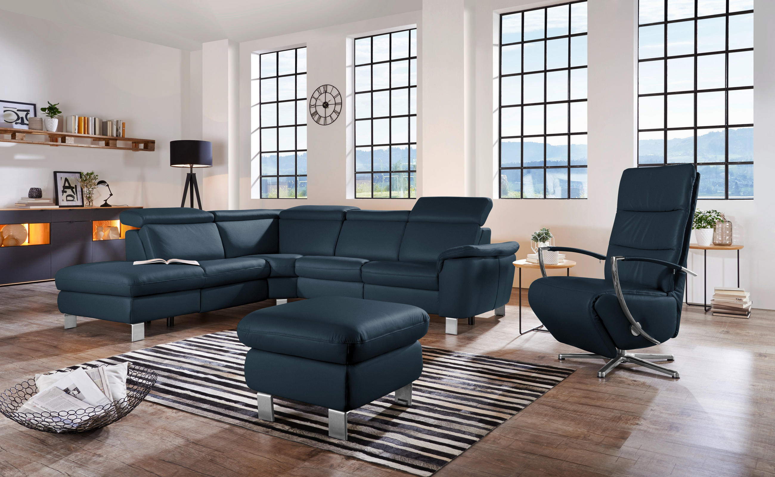 ECKSOFA in Echtleder Dunkelblau  - Alufarben/Dunkelblau, Design, Leder/Metall (239/271cm) - Cantus