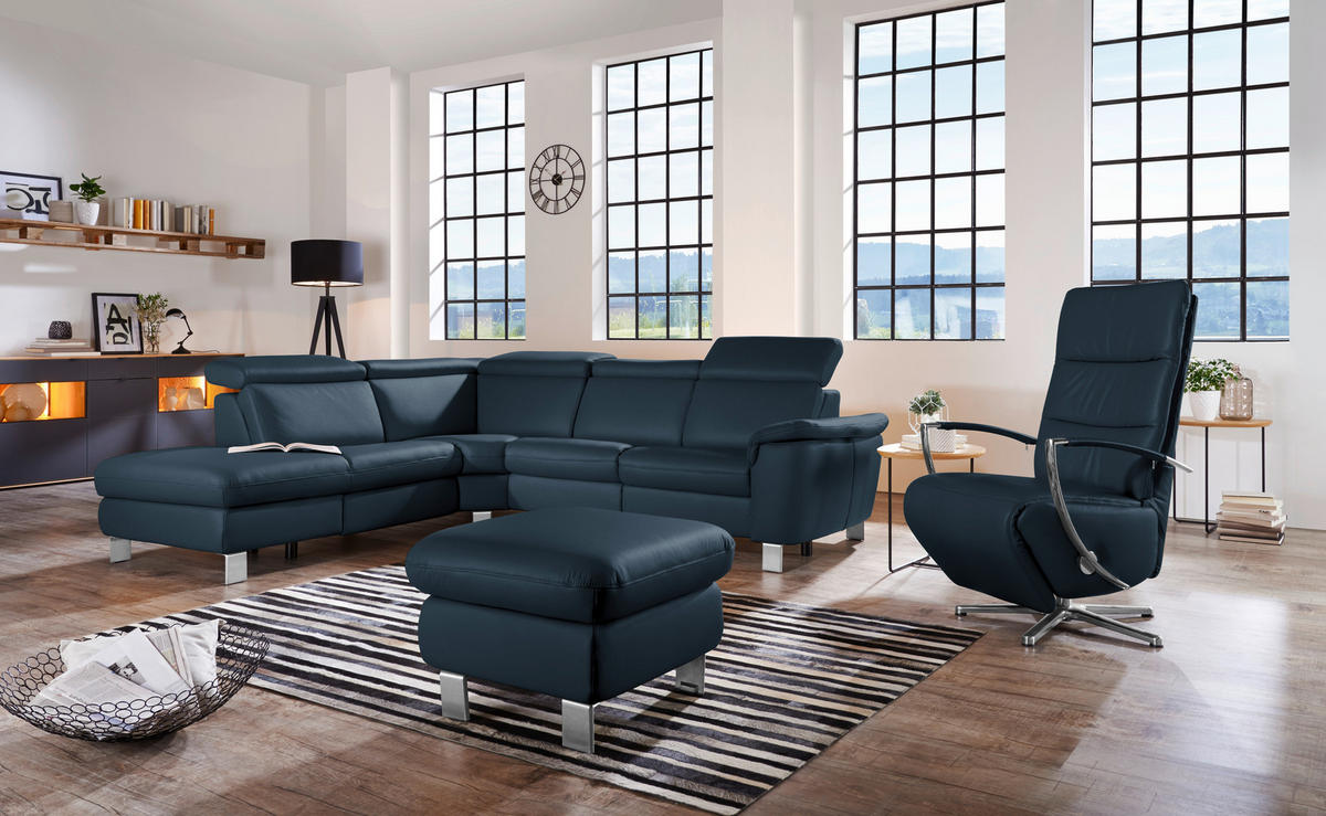 ECKSOFA in Echtleder Dunkelblau  - Alufarben/Dunkelblau, Design, Leder/Metall (239/271cm) - Cantus