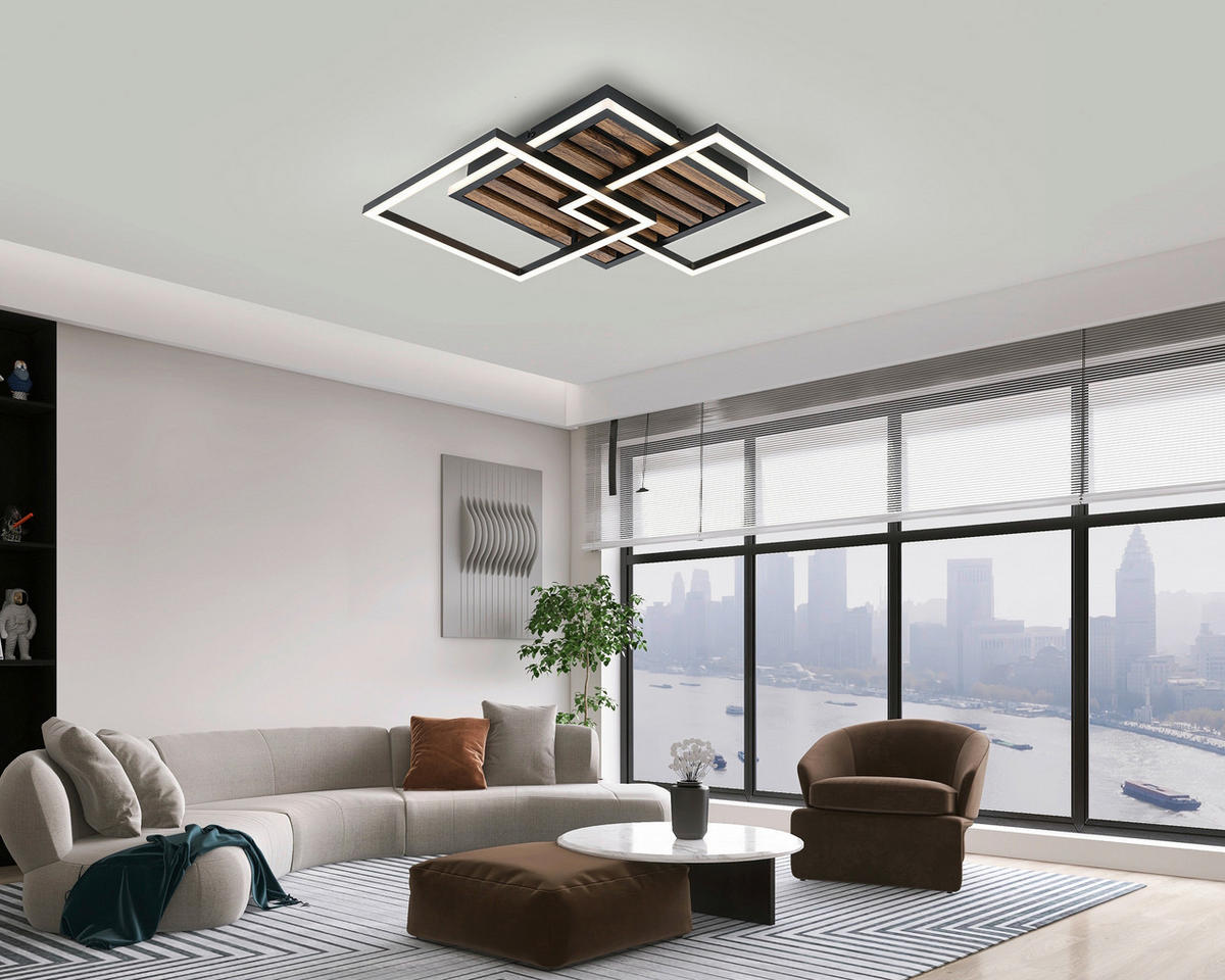 STROPNA SVETILKA 45/45/9,5 cm   - črna/barve hrasta, Trend, kovina/umetna masa (45/45/9,5cm) - Novel