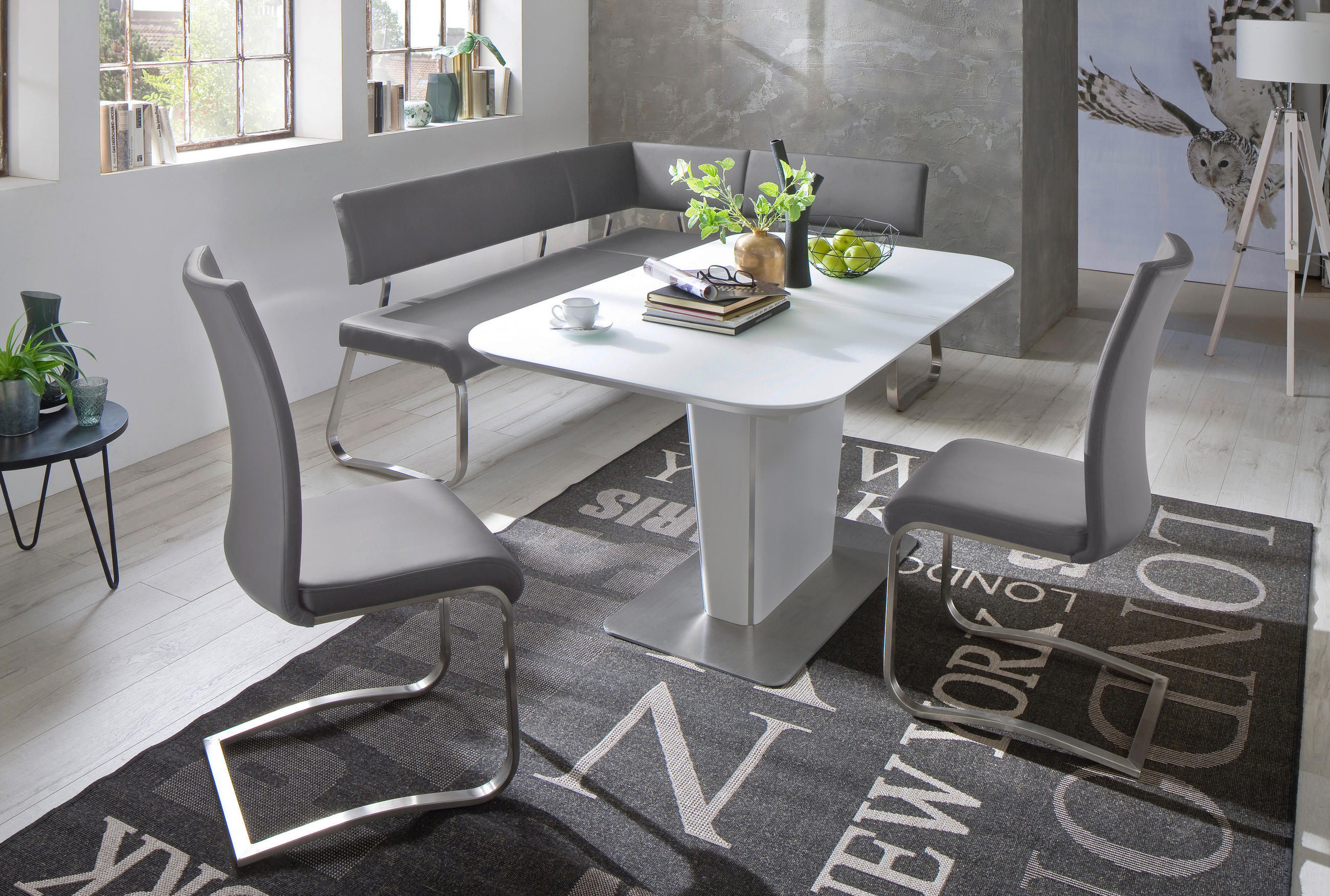 ECKBANK Lederlook Grau, Edelstahlfarben   - Edelstahlfarben/Grau, Design, Textil/Metall (200cm) - Livetastic
