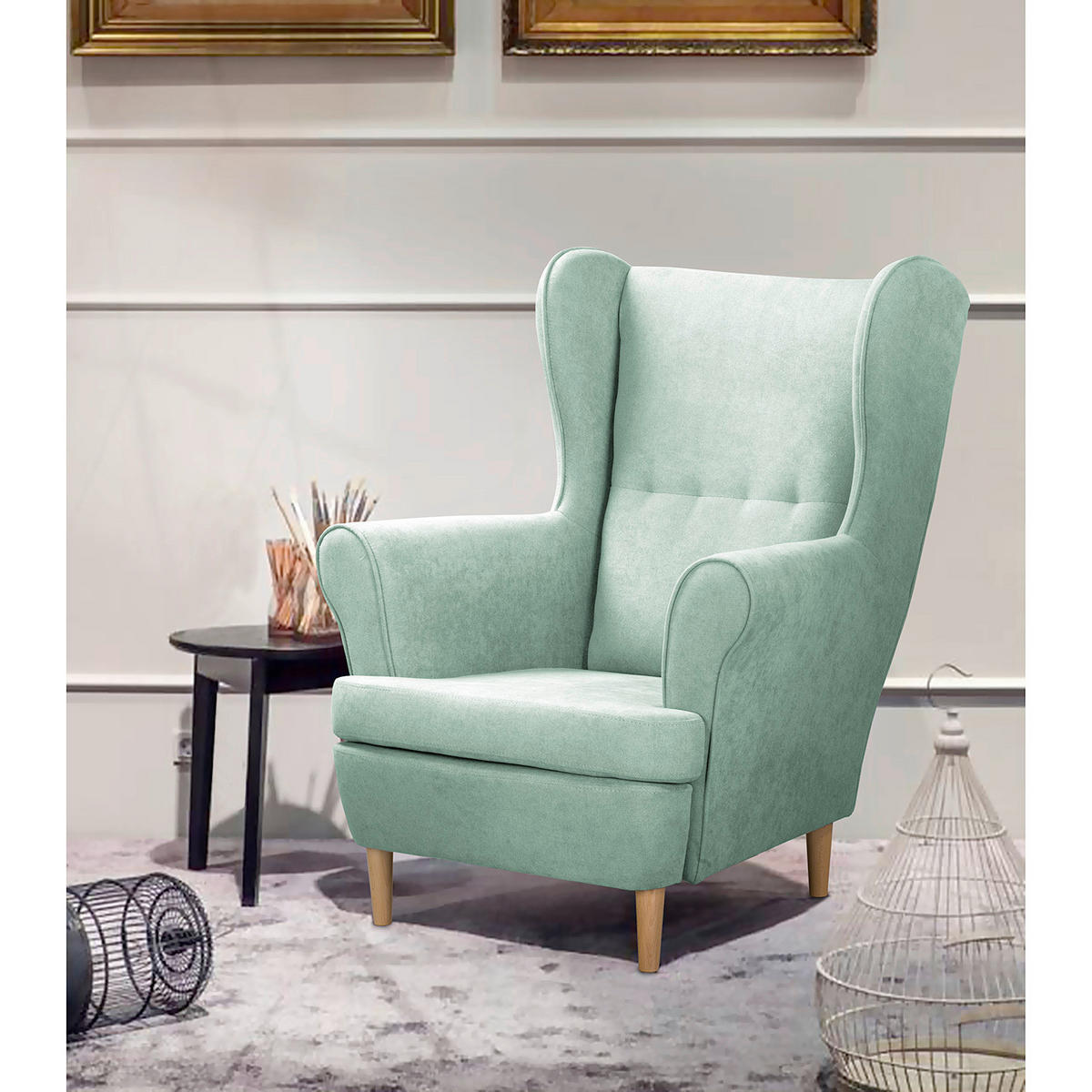 OHRENSESSEL Mikrofaser Mintgrün  - Naturfarben/Mintgrün, Design, Holz/Textil (87/105/90cm) - Livetastic