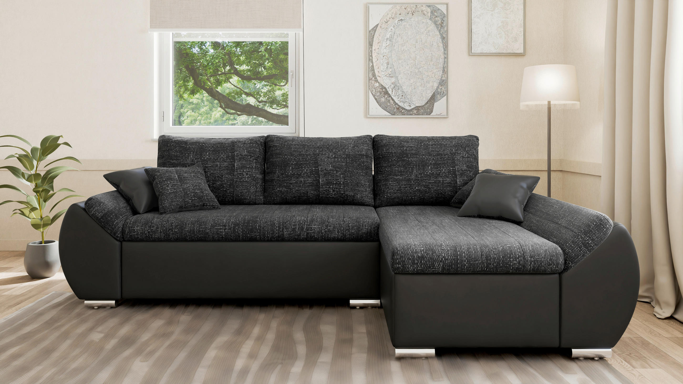 ECKSOFA  AURO Schwarz  - Silberfarben/Schwarz, Design, Kunststoff/Textil (275/155cm) - MID.YOU