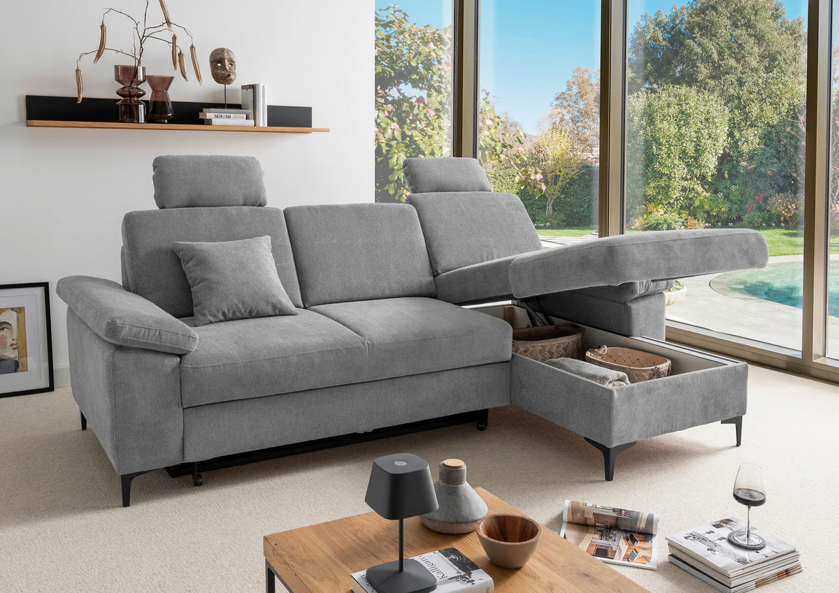 ECKSOFA Chenille Grau  - Schwarz/Grau, Konventionell, Textil/Metall (245/151cm) - Livetastic