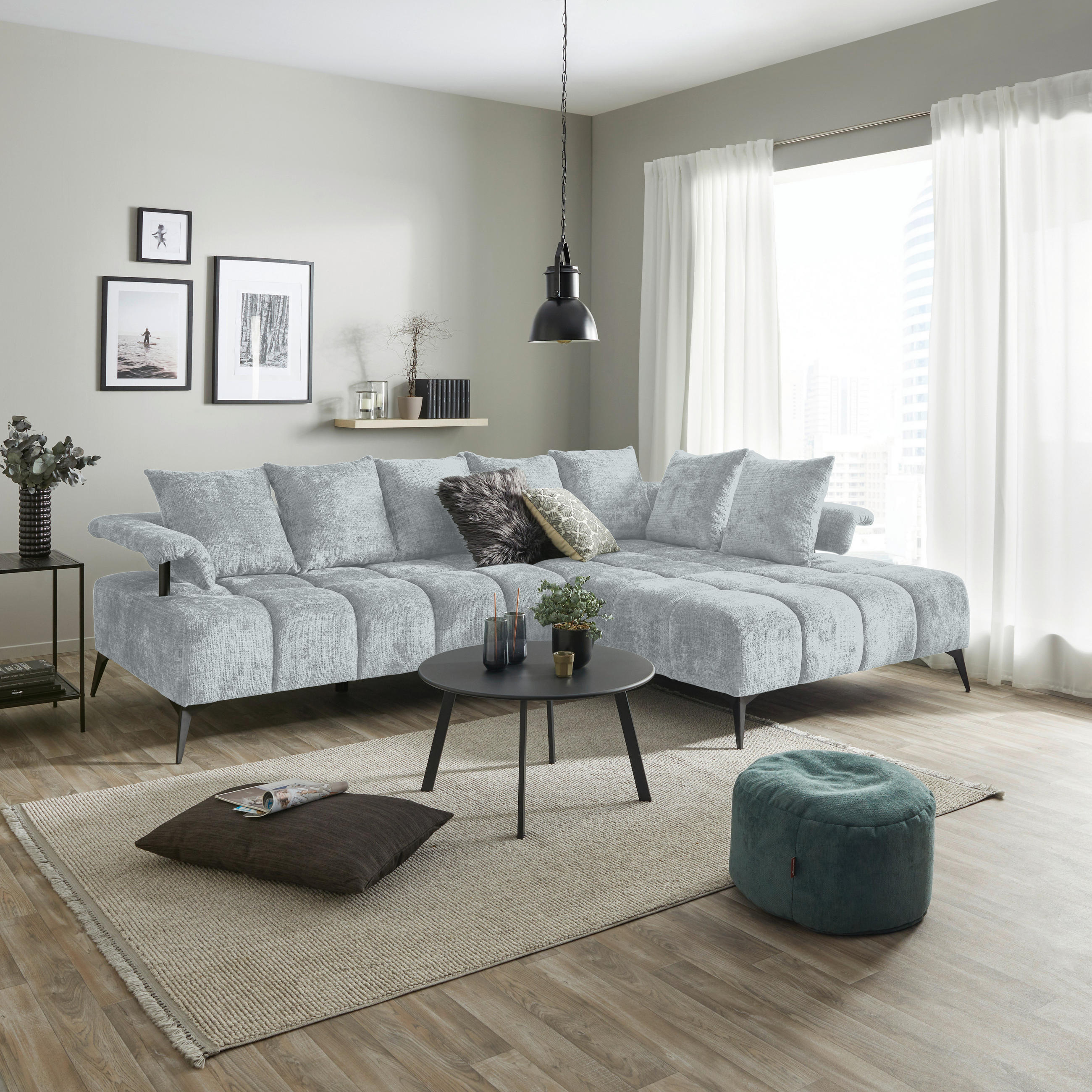 ECKSOFA VANESSA Hellgrau Flachgewebe  - Hellgrau/Schwarz, MODERN, Kunststoff/Textil (297/200cm) - Livetastic