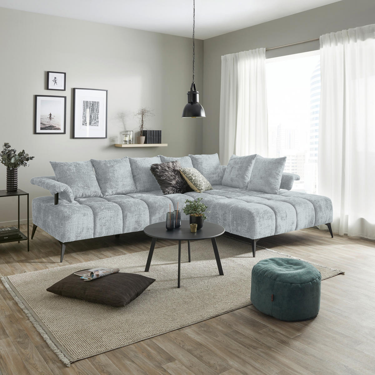 ECKSOFA VANESSA Hellgrau Flachgewebe  - Hellgrau/Schwarz, MODERN, Kunststoff/Textil (297/200cm) - Livetastic
