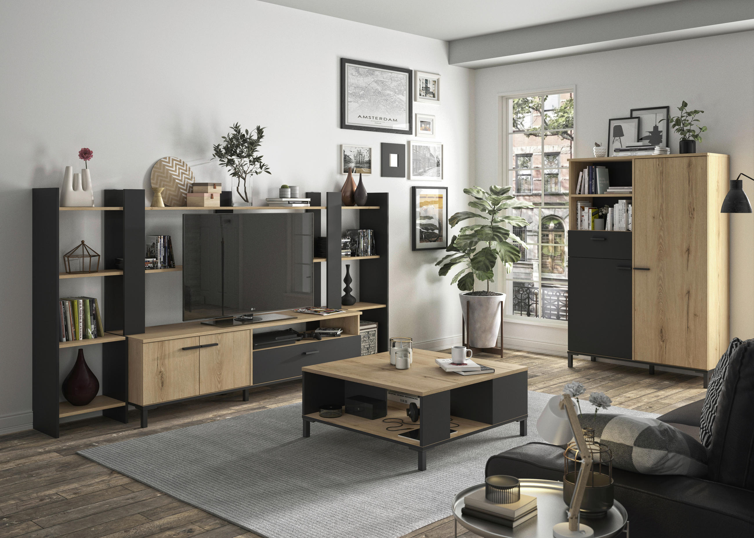 TV-ELEMENT - Eichefarben/Schwarz, MODERN, Holzwerkstoff (240/125/28cm) - MID.YOU