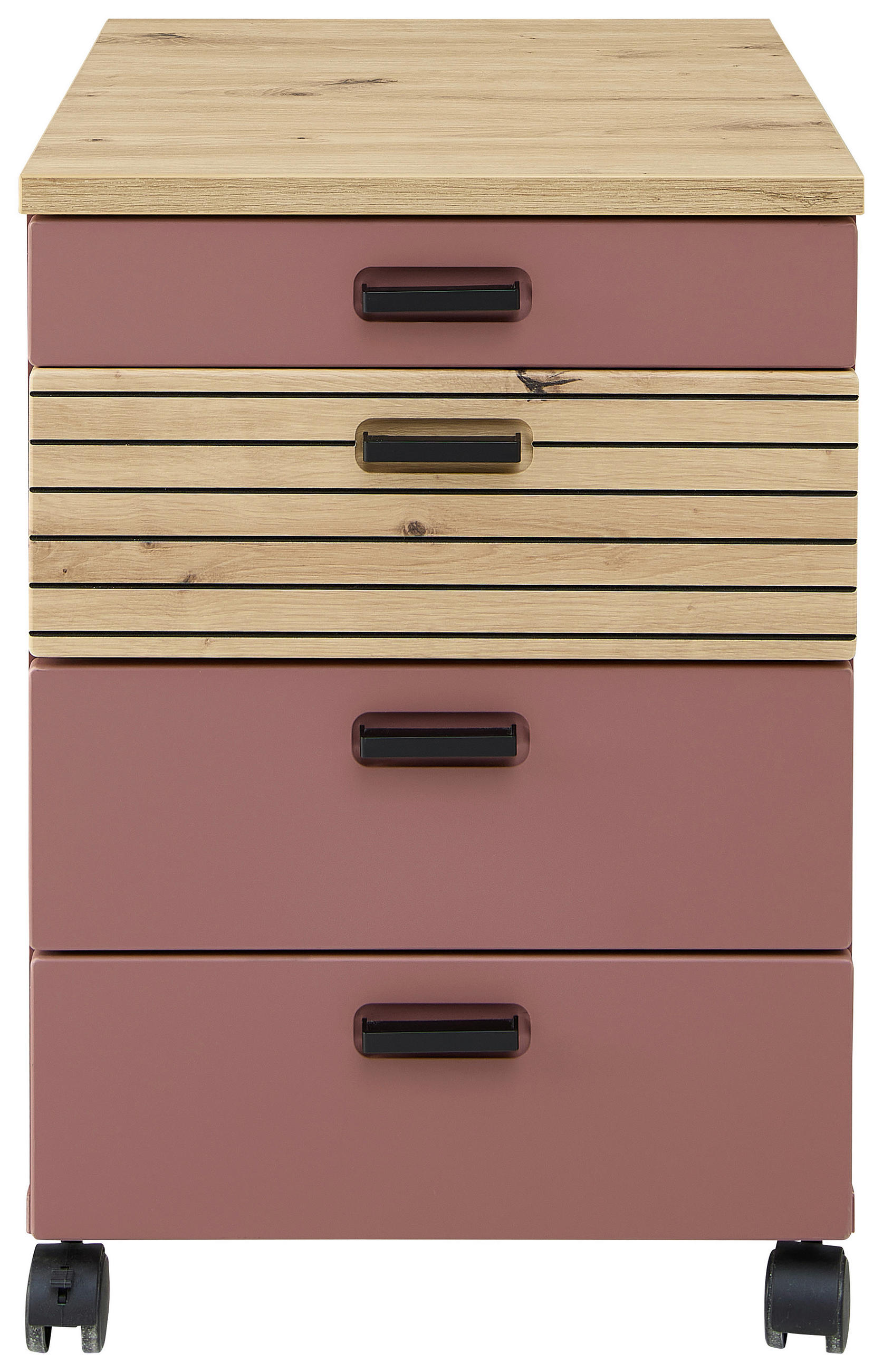 ROLLCONTAINER Rot, Eiche Artisan  - Rot/Schwarz, KONVENTIONELL, Holzwerkstoff/Kunststoff (45/66/55cm) - Stylife