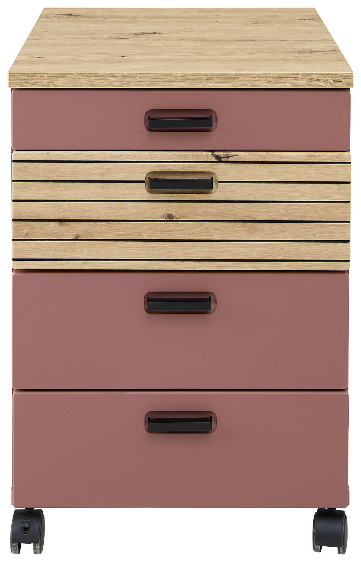 ROLLCONTAINER Rot, Eiche Artisan  - Rot/Schwarz, KONVENTIONELL, Holzwerkstoff/Kunststoff (45/66/55cm) - Stylife