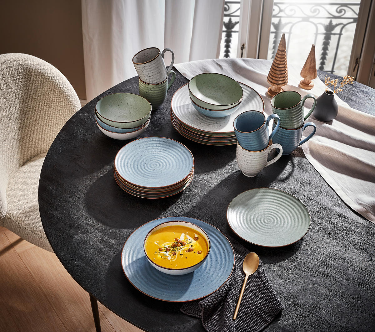 KOMBISERVICE Blau, Grün, Beige Farmhouse 24-teilig 6 Personen  - Blau/Beige, Design, Keramik - Landscape