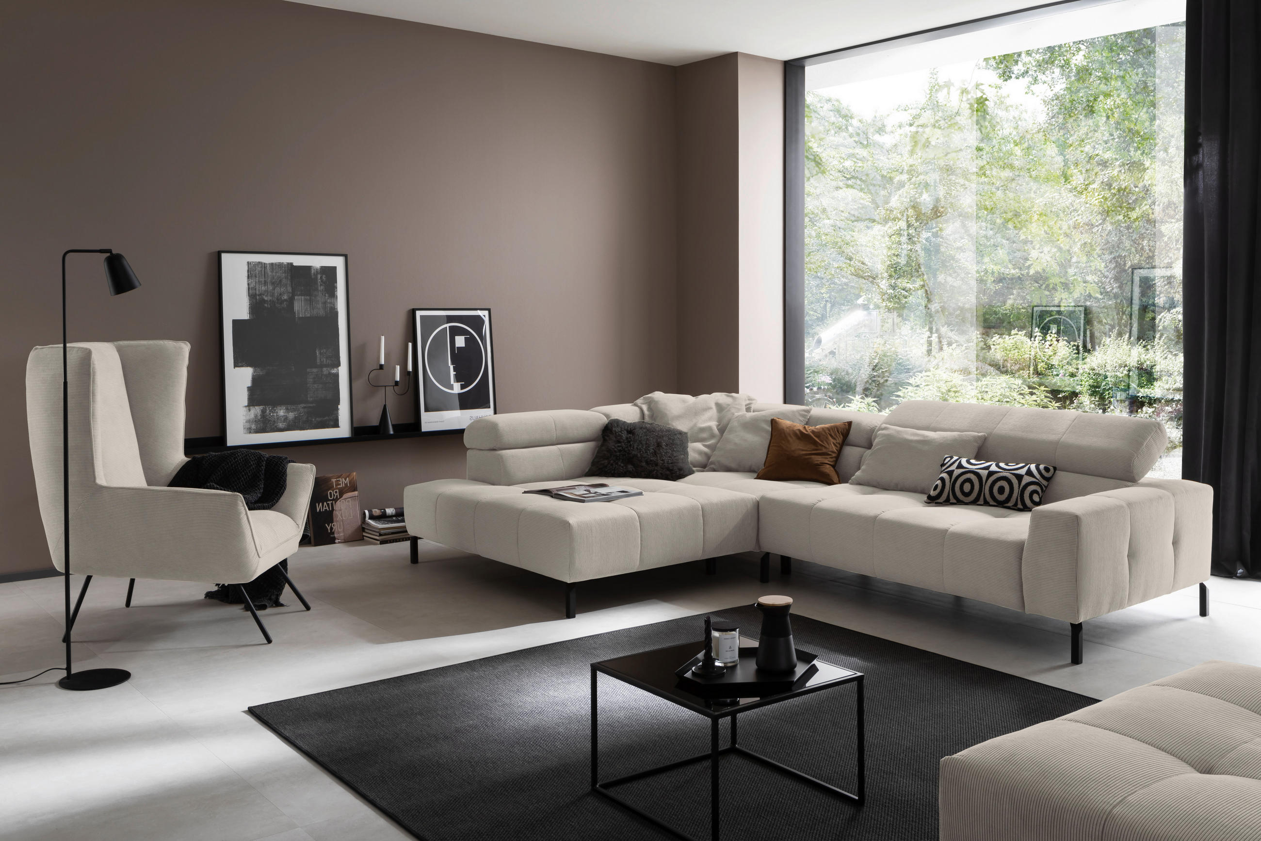 ECKSOFA Sandfarben Feincord  - Sandfarben/Schwarz, KONVENTIONELL, Textil/Metall (219/311cm) - Hom`in