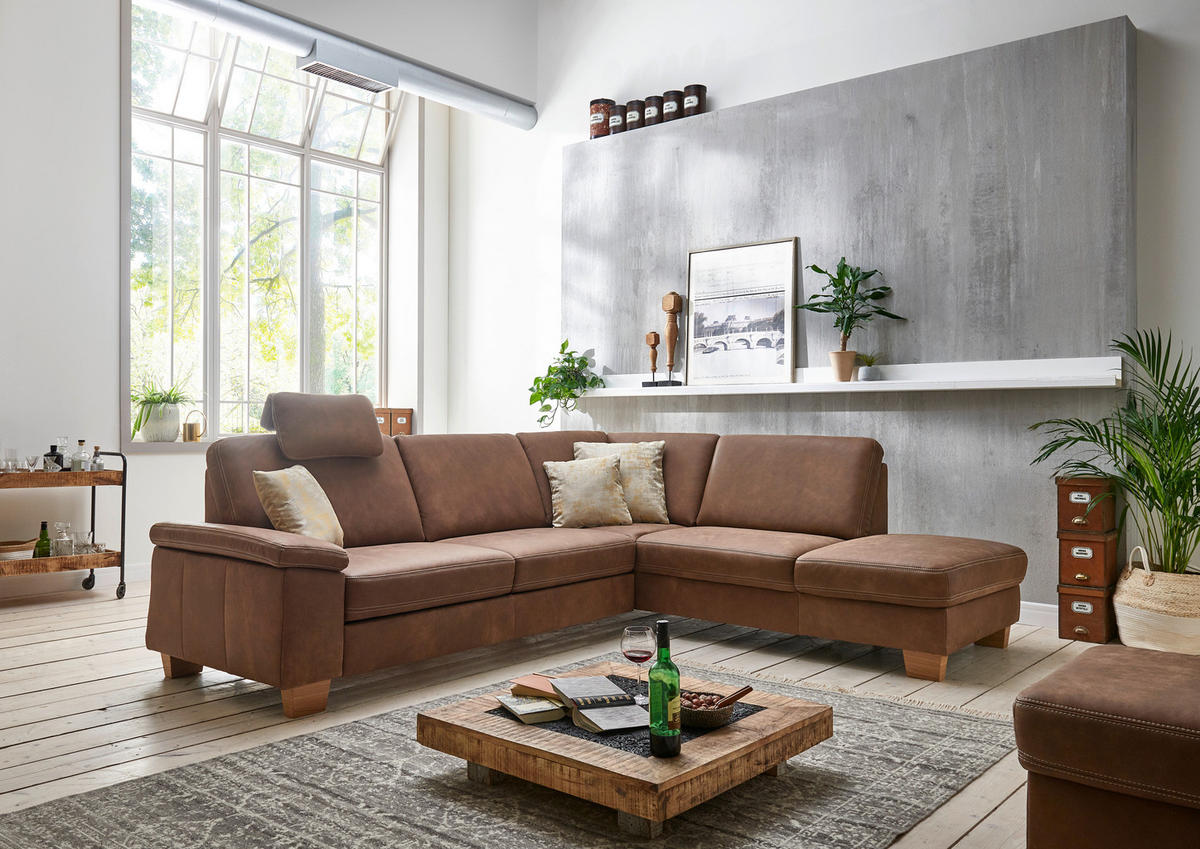 ECKSOFA in Echtleder Braun  235/274 cm  - Eichefarben/Beige, KONVENTIONELL, Leder/Holzwerkstoff (235/274cm) - Beldomo Premium