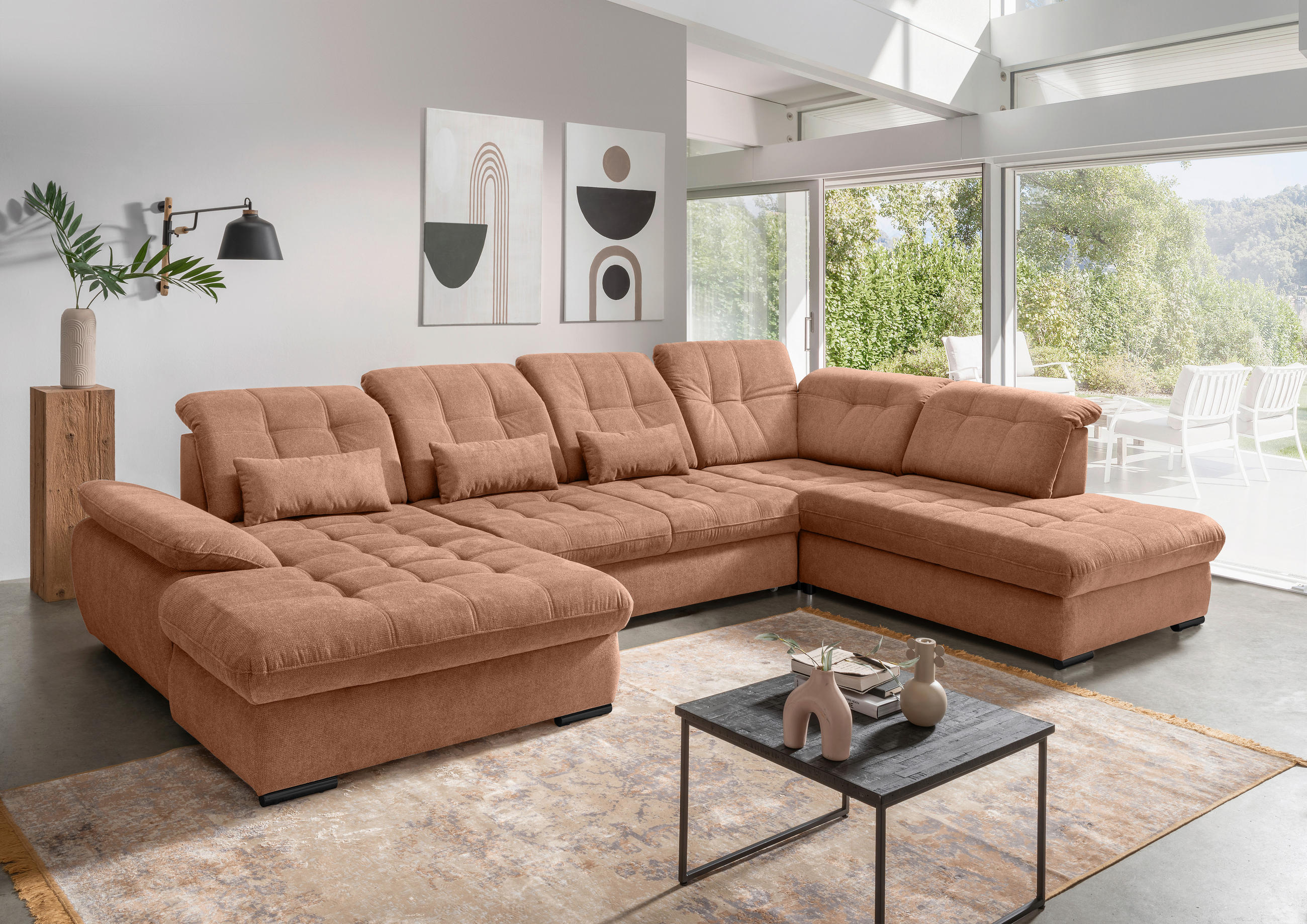 WOHNLANDSCHAFT Koralle Chenille  - Koralle/Schwarz, MODERN, Textil/Metall (184/387/252cm) - Livetastic