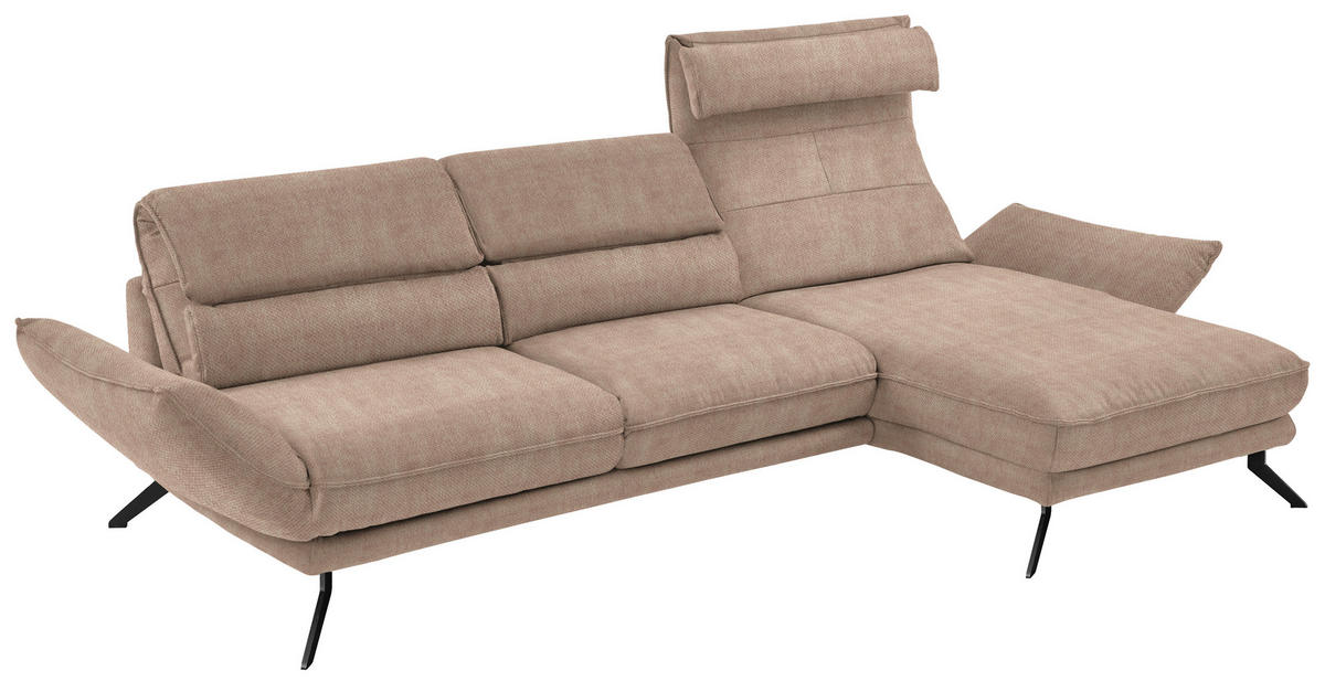 ECKSOFA Valdera in Velours Hellbraun  283/153 cm  - Hellbraun/Schwarz, Design, Textil/Metall (283/153cm) - Valdera