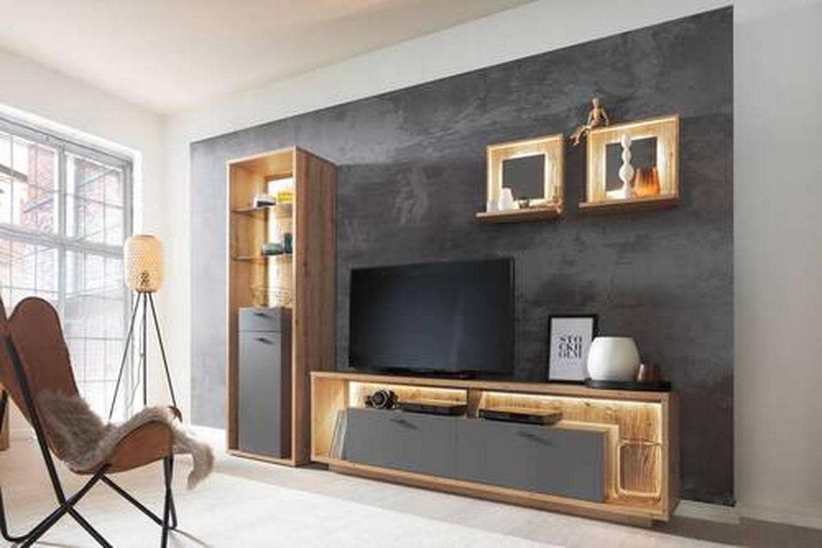 WOHNWAND  in Grau, Eichefarben 286/209/40 cm  - Eichefarben/Grau, Design, Glas/Holzwerkstoff (286/209/40cm) - MID.YOU