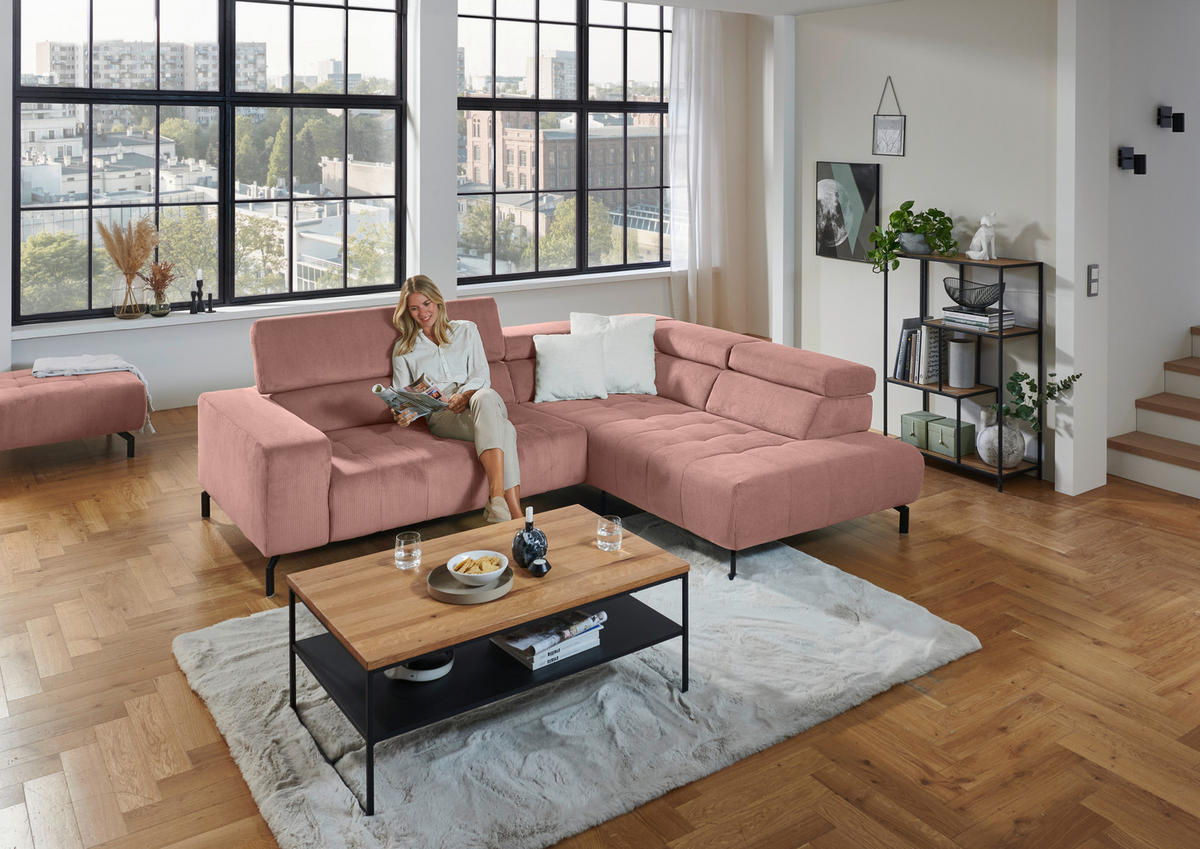 ECKSOFA Rosa Cord  - Schwarz/Rosa, Design, Textil/Metall (261/214cm) - Beldomo Style