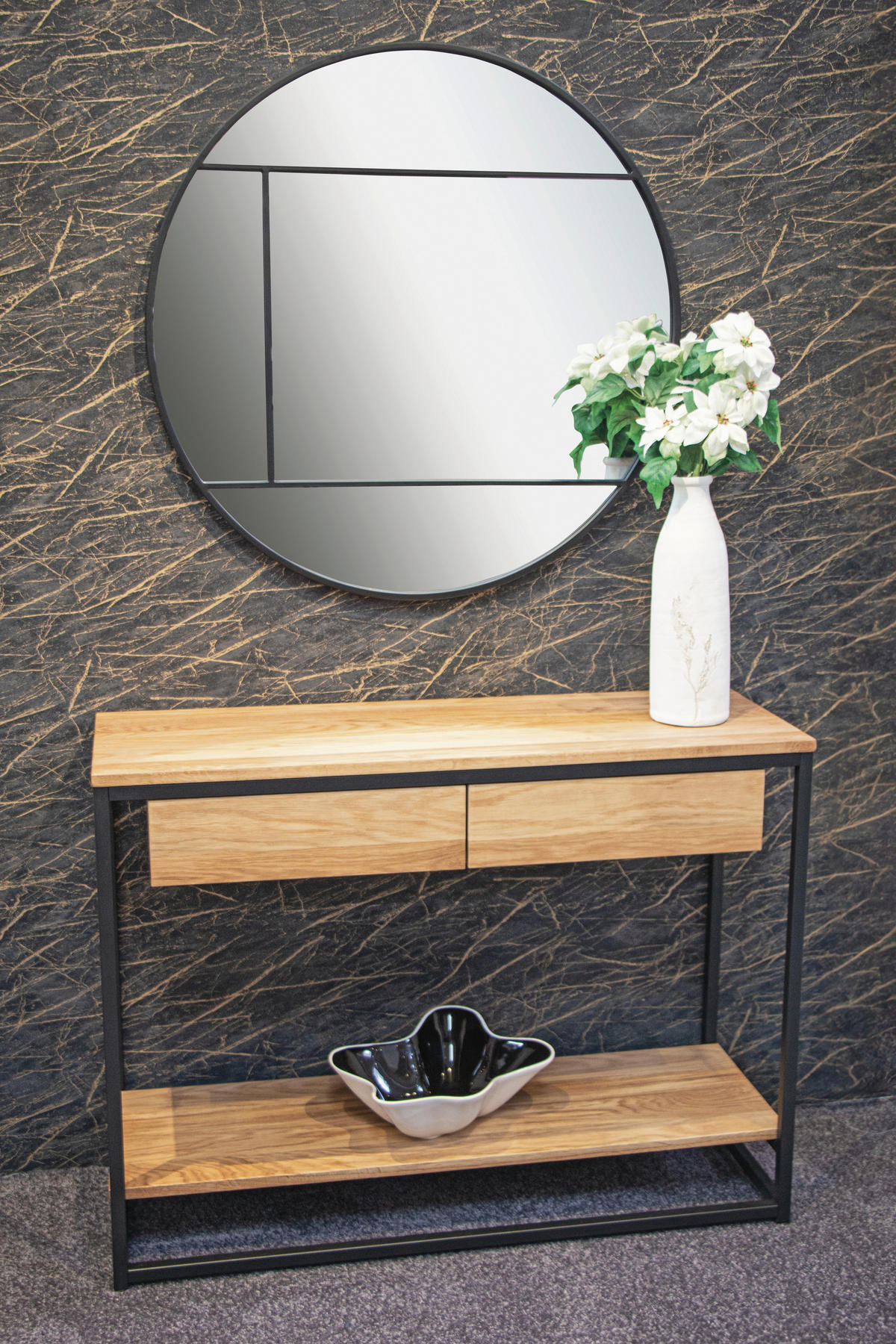 KONSOLENTISCH Eiche massiv Schwarz, Eichefarben  - Eichefarben/Schwarz, KONVENTIONELL, Holz/Metall (100/35/75cm)