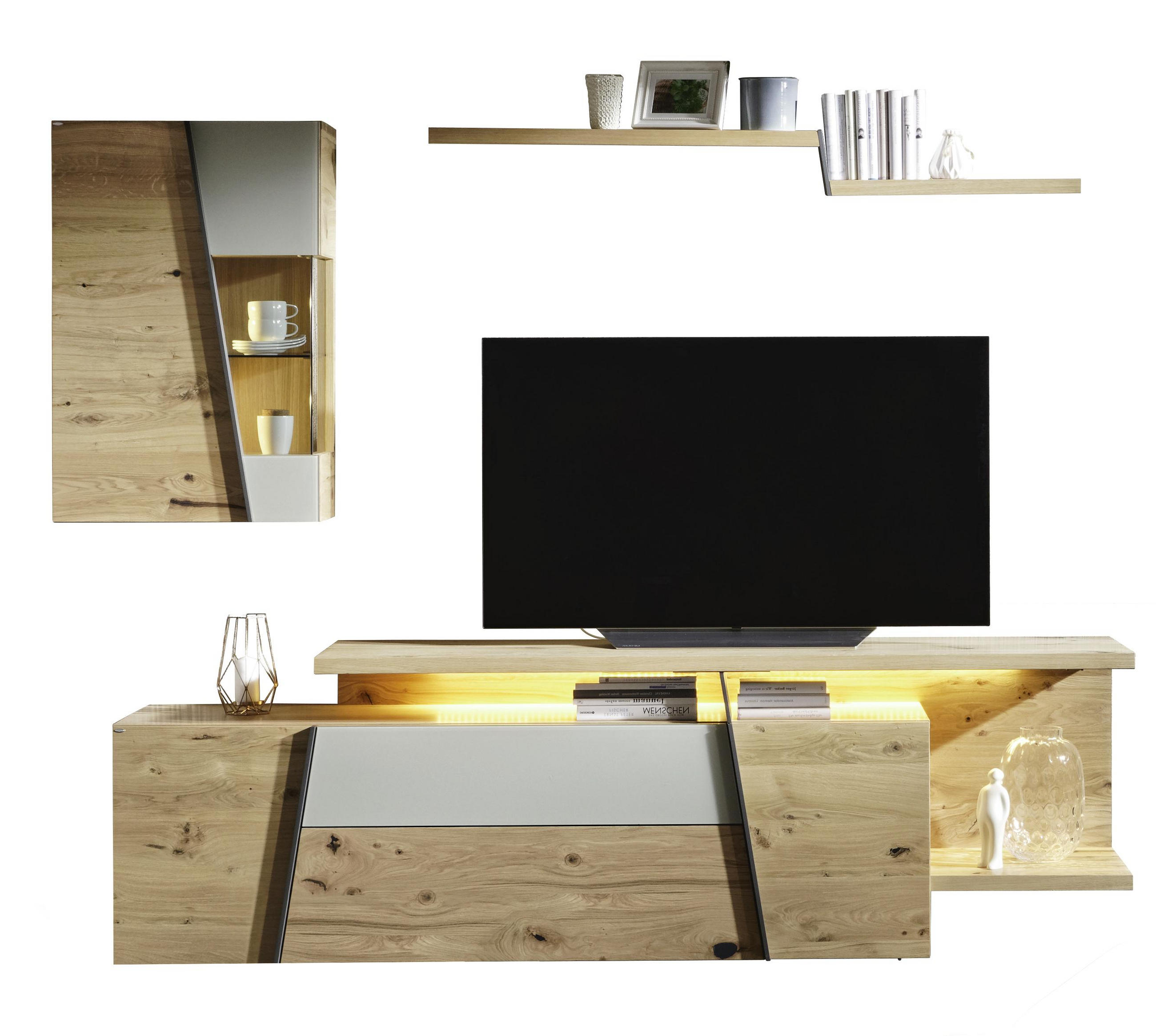 Wohnwand in Eichefarben, Hellgrau