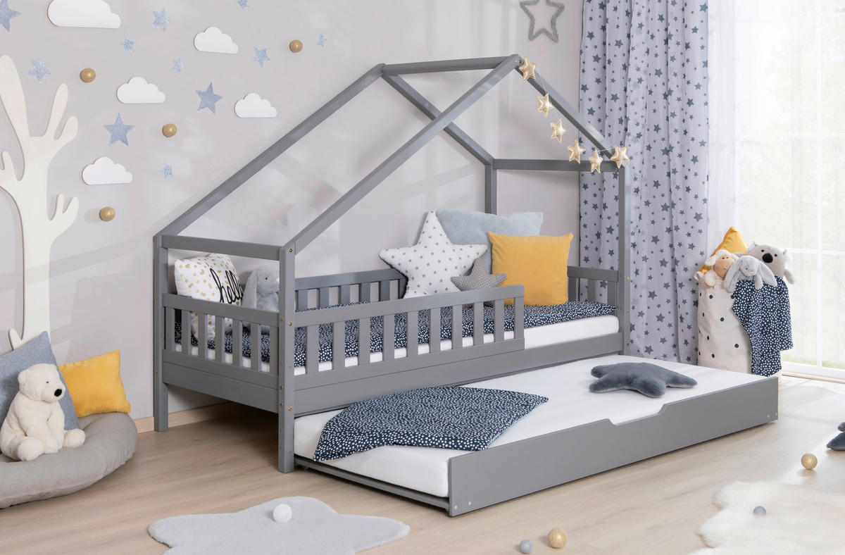 HAUSBETT  in Hellgrau, Absturzsicherung, Matratze, Rollrost, Bettkasten  - Hellgrau/Weiß, MODERN, Holz/Textil (90/200cm) - MID.YOU