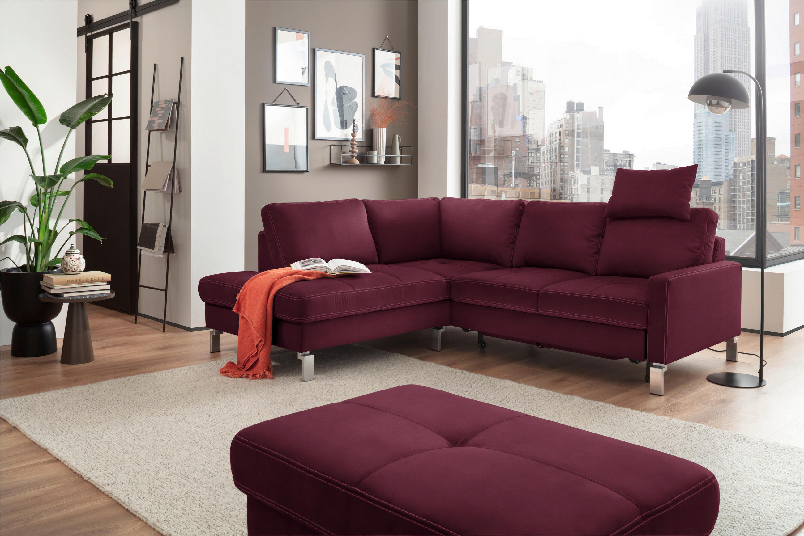 ECKSOFA in Mikrofaser Beere  - Chromfarben/Beere, Design, Textil/Metall (200/229cm) - Pure Home Lifestyle