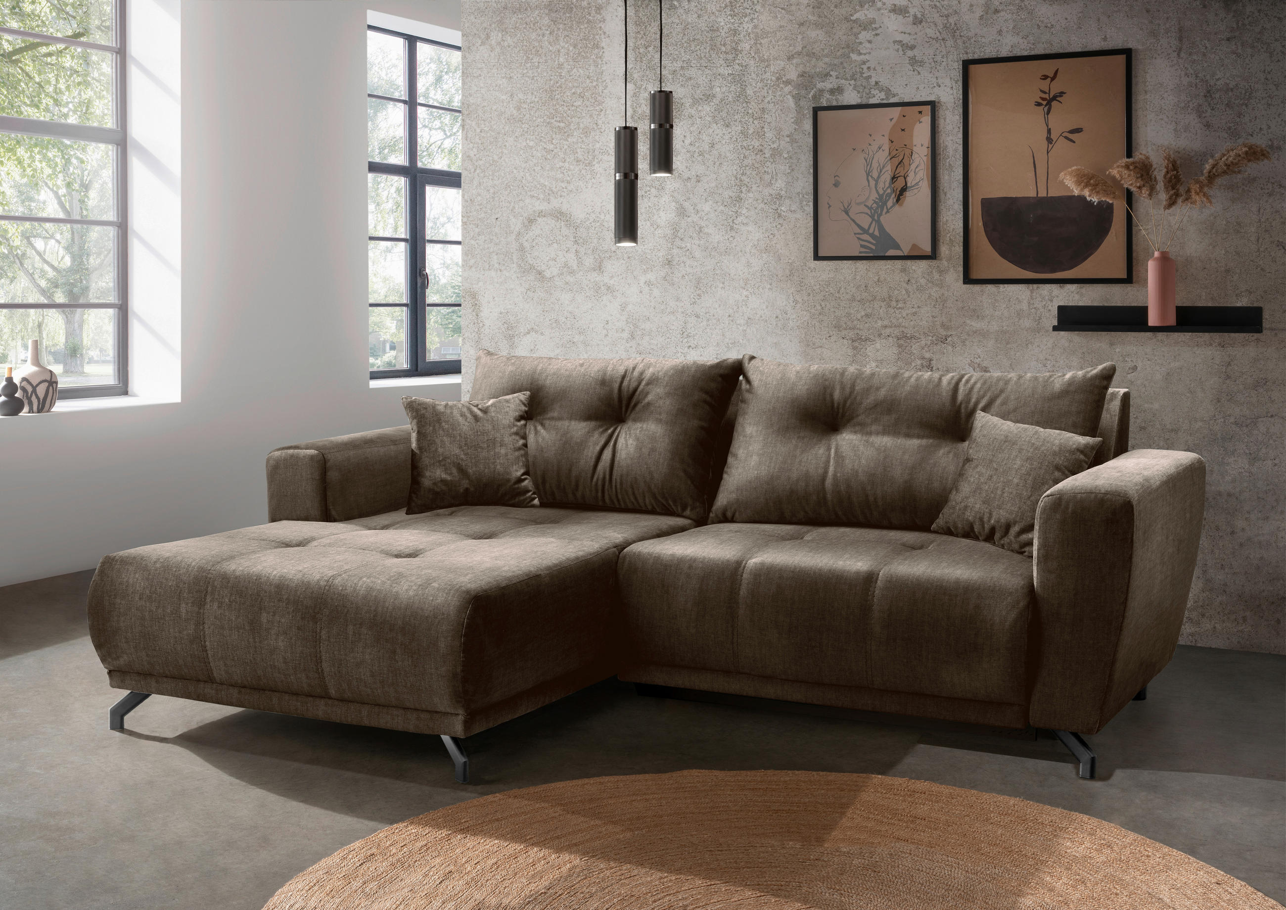 ECKSOFA in Velours Braun  - Schwarz/Braun, Modern, Textil/Metall (177/246cm) - MID.YOU