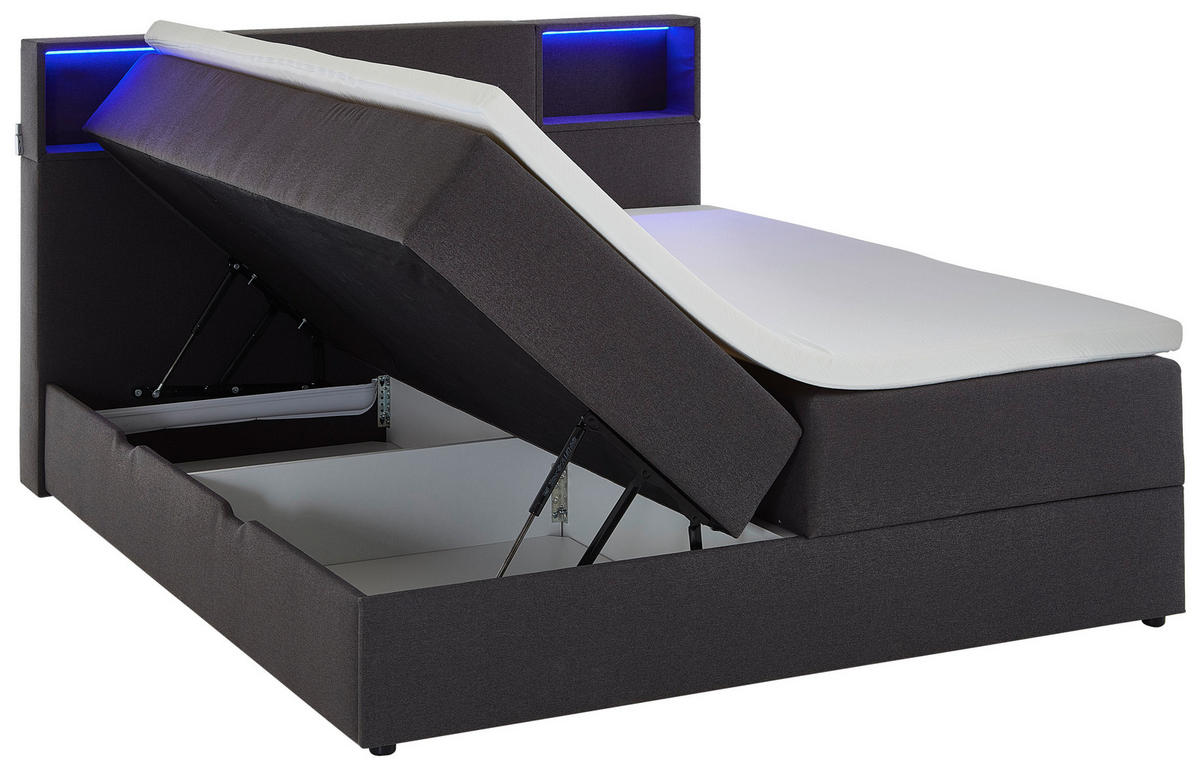 BOXSPRINGBETT 180/200 cm,  in Anthrazit, Matratze, Beleuchtung, Bettkasten, Topper, H3 = fest  - Anthrazit/Schwarz, Design, Holz/Textil (180/200cm) - Xora
