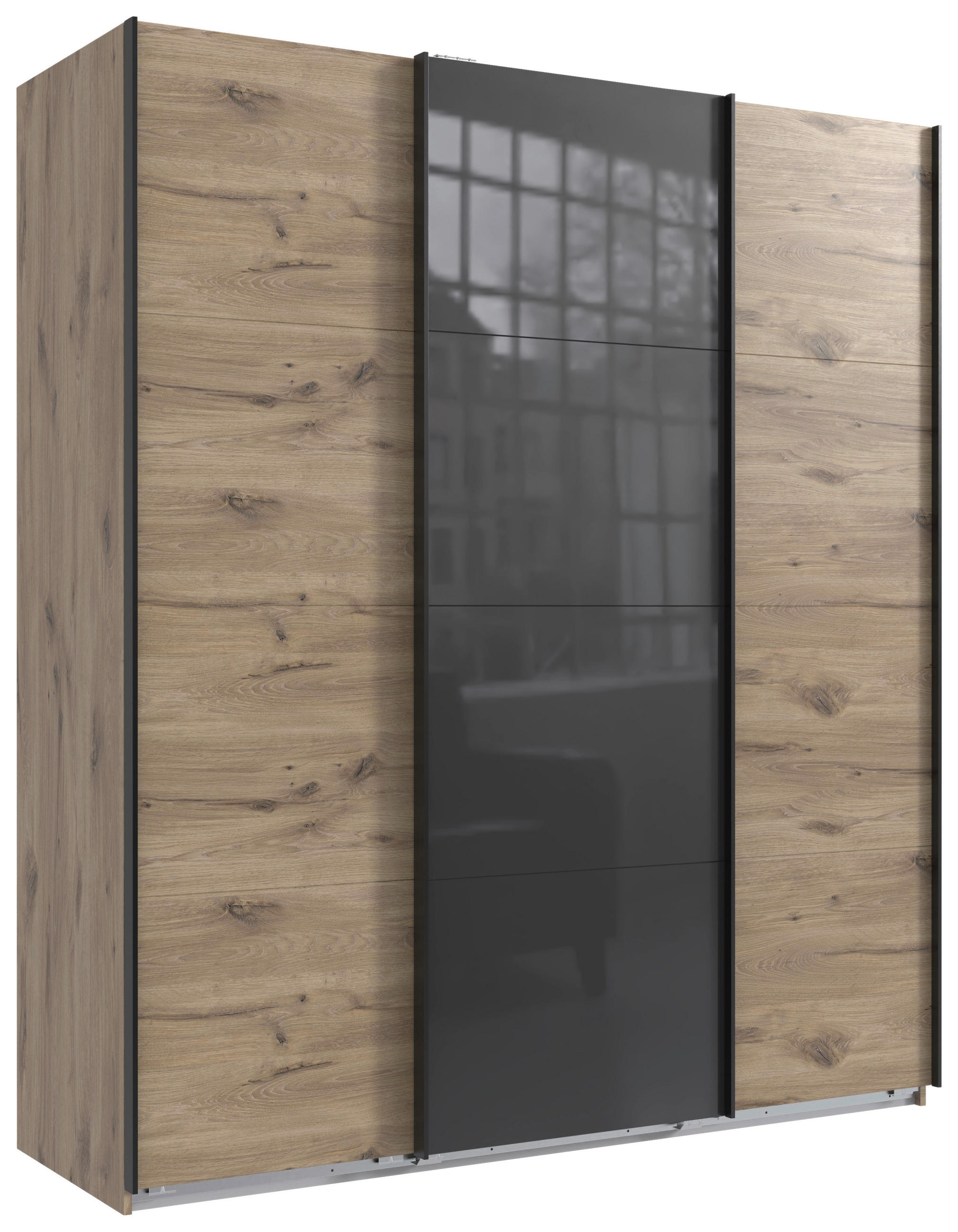 SCHWEBETÜRENSCHRANK  in Grau, Eichefarben  - Eichefarben/Schwarz, KONVENTIONELL, Glas/Holzwerkstoff (180/208/64cm) - Carryhome