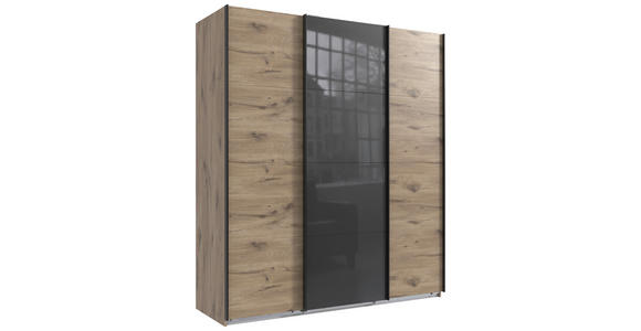 SCHWEBETÜRENSCHRANK  in Grau, Eichefarben  - Eichefarben/Schwarz, KONVENTIONELL, Glas/Holzwerkstoff (180/208/64cm) - Carryhome