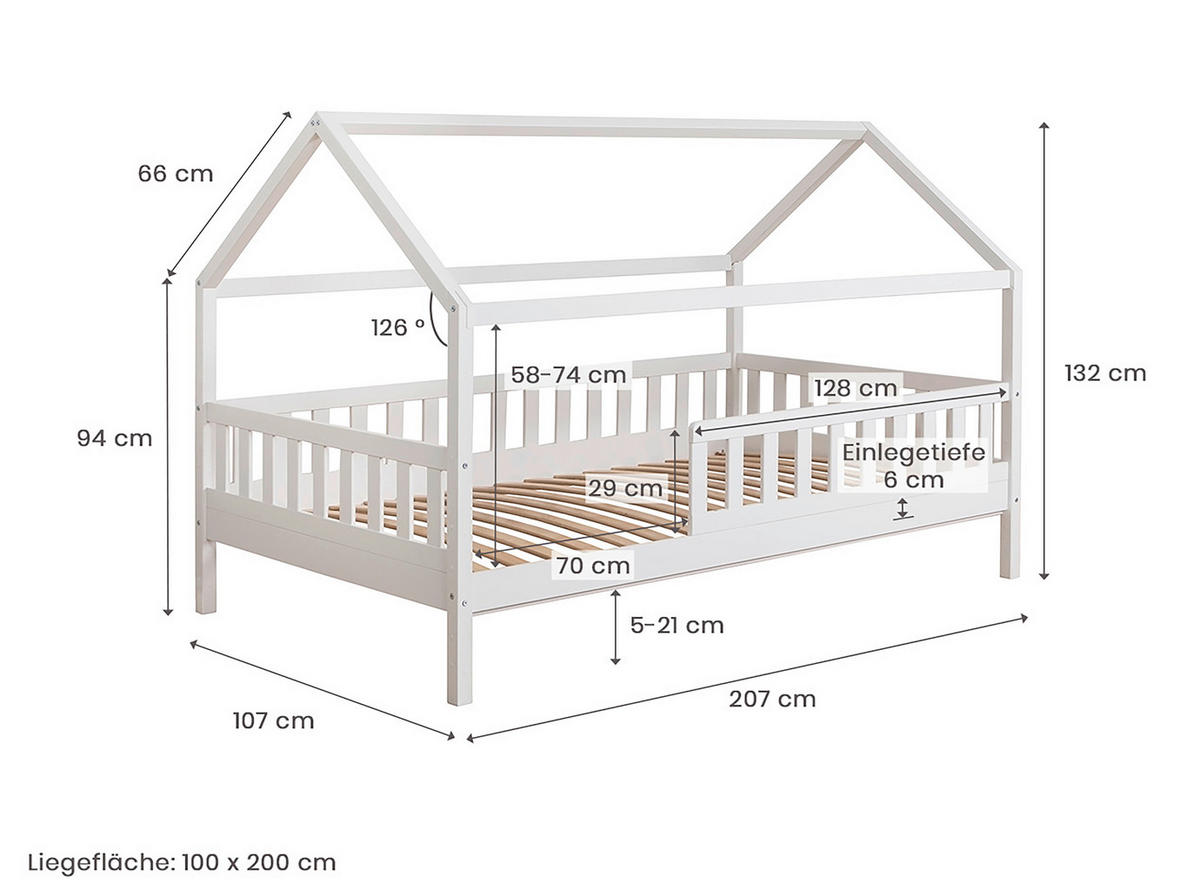 HAUSBETT Absturzsicherung, Vorhang, Rollrost, Bettschublade 100/200 cm  in Weiß, Altrosa  - Altrosa/Naturfarben, MODERN, Holz/Textil (100/200cm) - MID.YOU