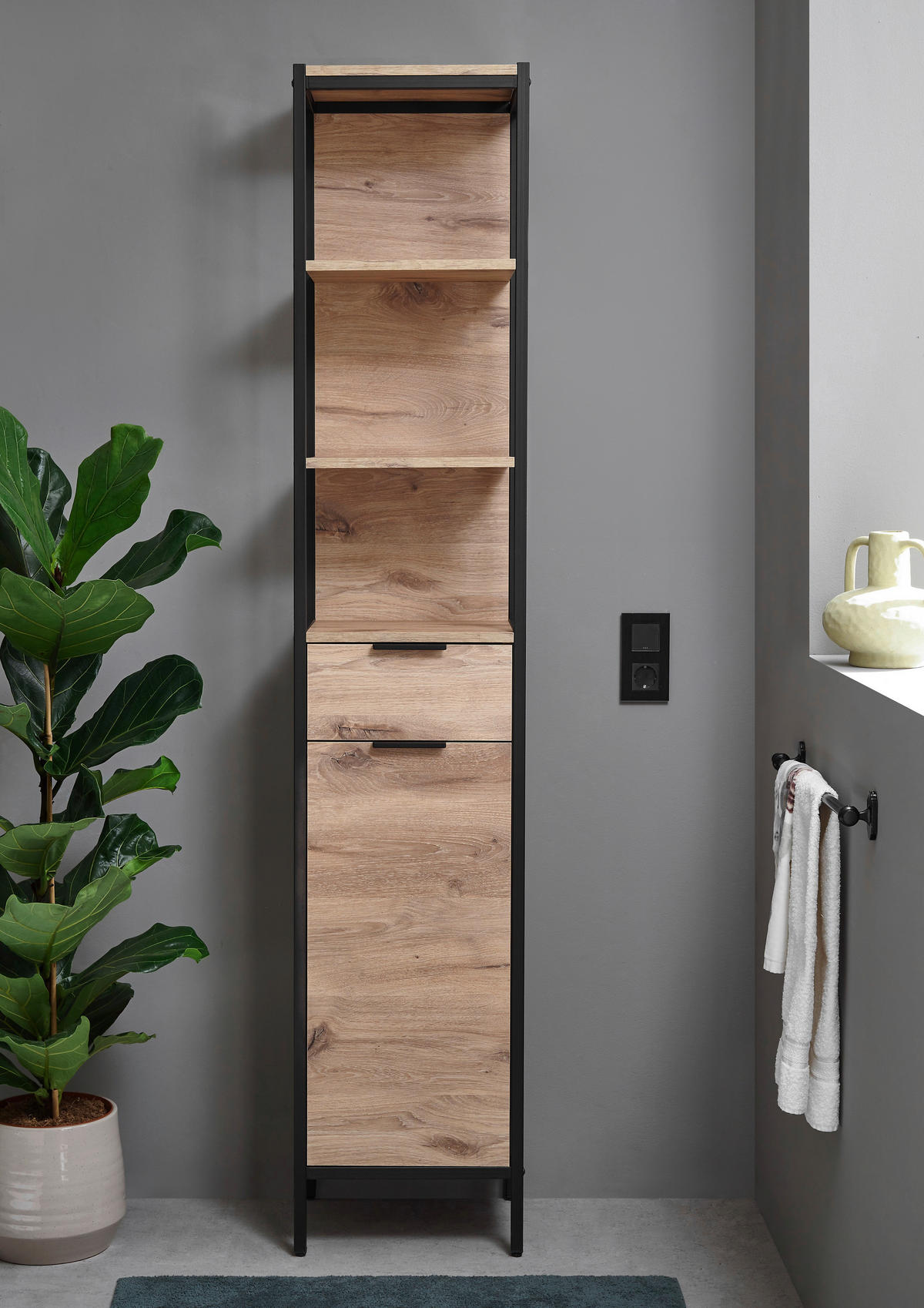 HOCHSCHRANK 38/195/30 cm  - Eichefarben/Schwarz, KONVENTIONELL, Holzwerkstoff/Kunststoff (38/195/30cm) - home24
