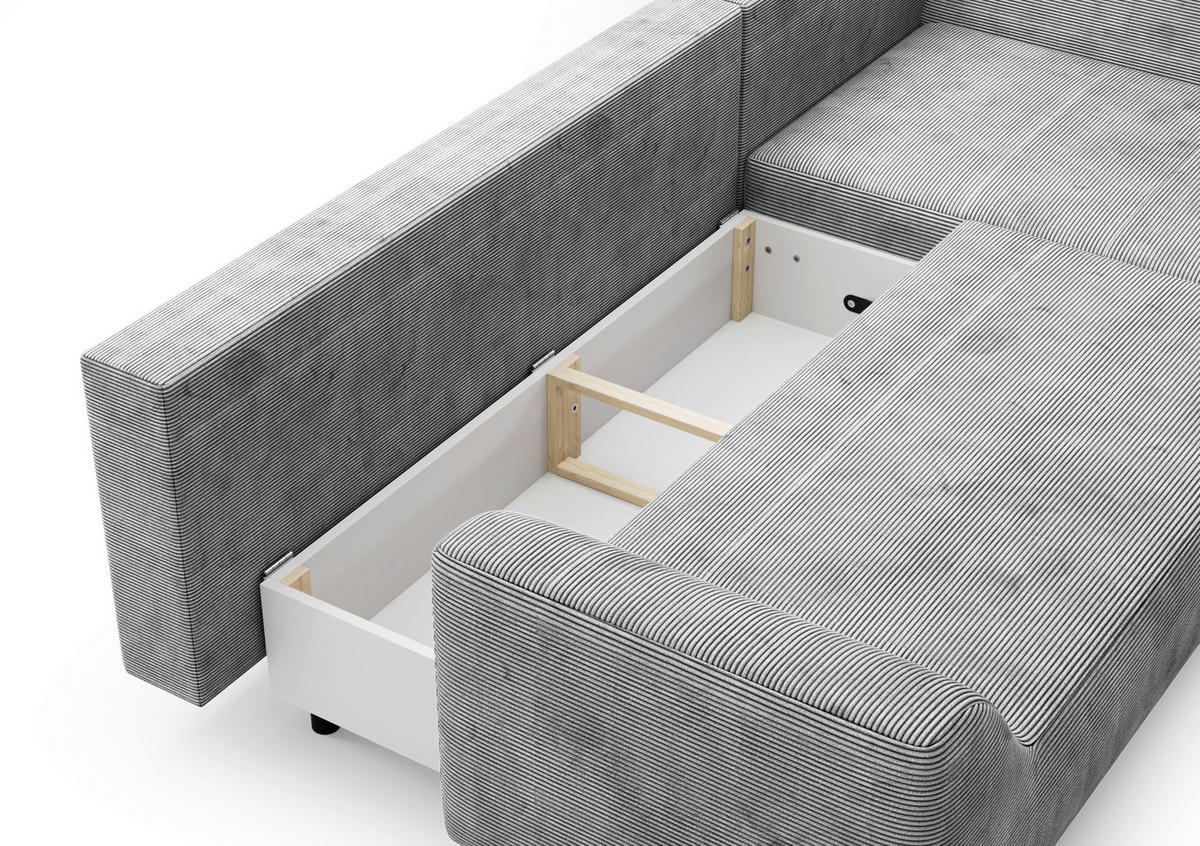 ECKSCHLAFSOFA  mit Bettkasten erhältlich, seitenverkehrt erhältlich, Schlafen auf Sitzhöhe, Bettfunktion erhältlich, Rücken echt Cord Hellgrau  - Hellgrau/Schwarz, Design, Textil/Metall (273/167cm) - MID.YOU
