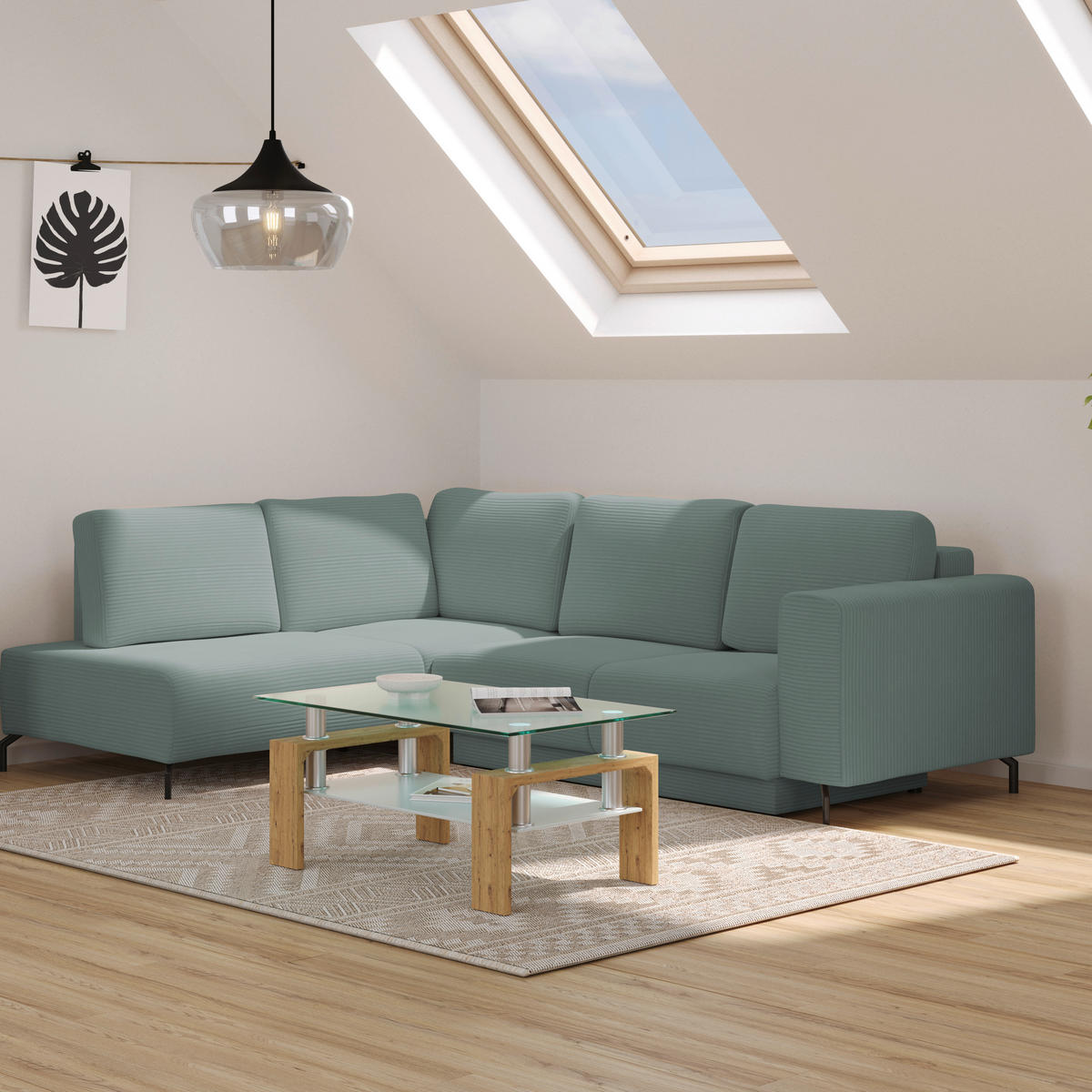 ECKSOFA Graugrün Cord Rückenkissen, Bettkasten  - Schwarz/Graugrün, MODERN, Textil/Metall (210/272cm) - P & B