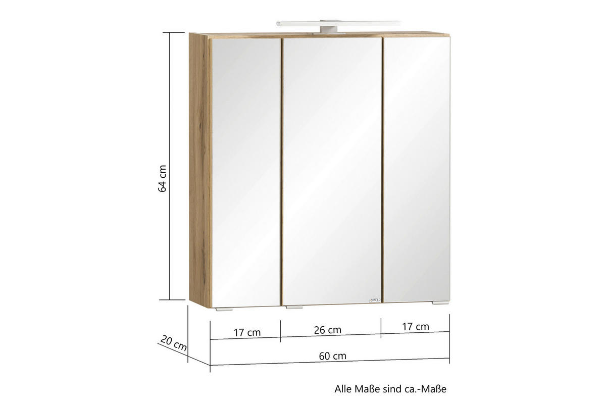 SPIEGELSCHRANK 60/64/20 cm  - Edelstahlfarben/Eiche Wotan, MODERN, Glas/Holzwerkstoff (60/64/20cm) - Held