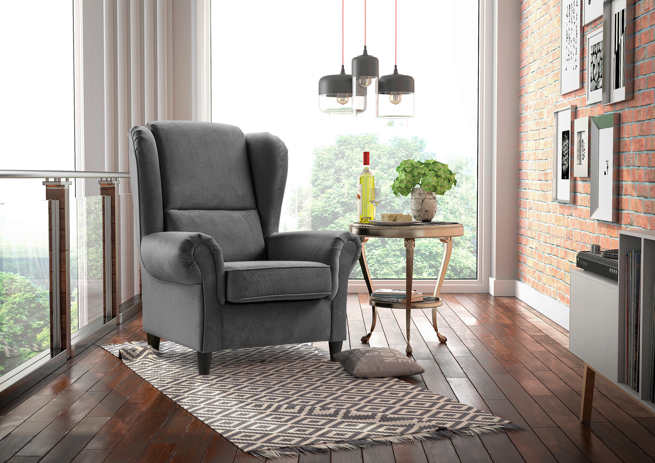 OHRENSESSEL Plüsch Anthrazit  - Anthrazit/Schwarz, Design, Holz/Textil (94/112/92cm) - MID.YOU