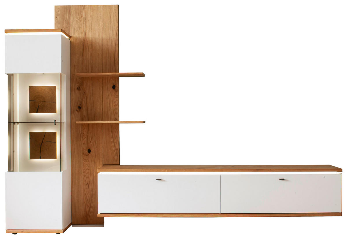 WOHNWAND  in Weiss, Eiche Bianco 303/203/50 cm  - Weiss/Eiche Bianco, Design, Glas/Holz (303/203/50cm) - Novel