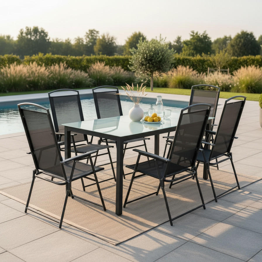 Gartenmöbel Set 7-Tlg. aus Metall/Textil/Glas