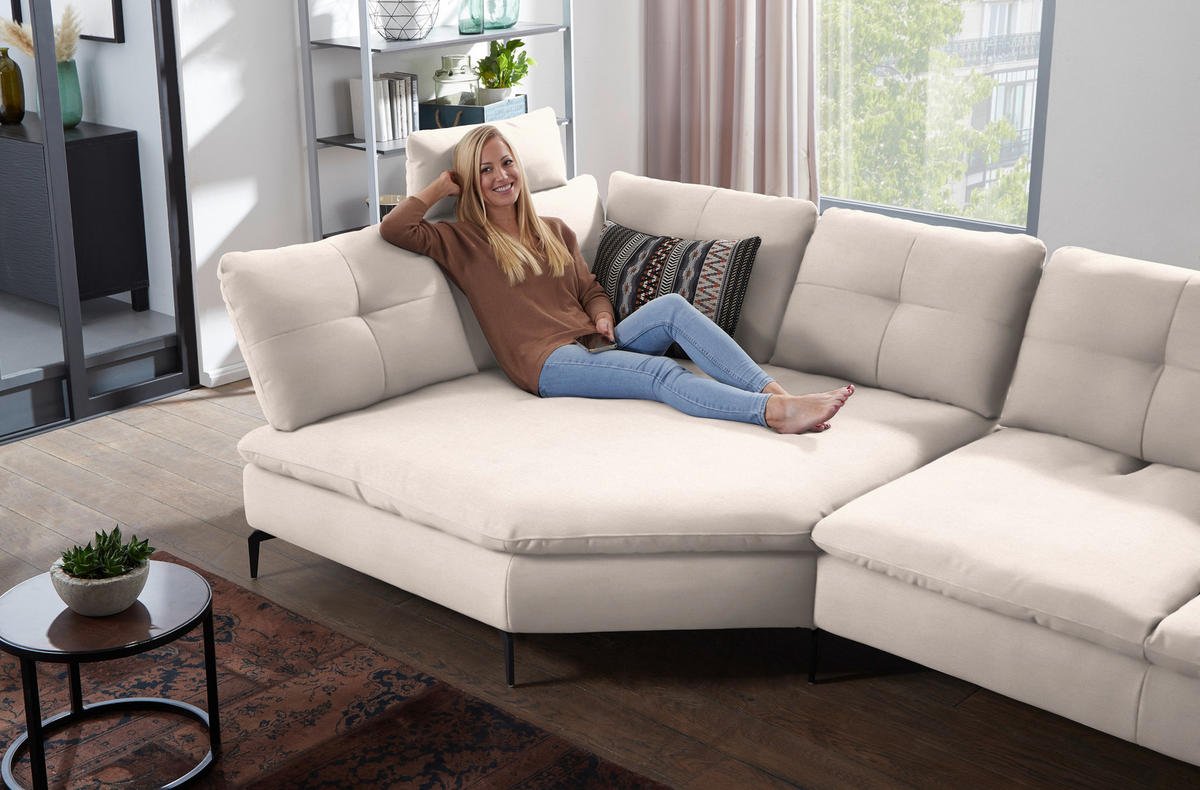 ECKSOFA in Flachgewebe Creme  - Creme/Schwarz, Design, Textil/Metall (159/344cm) - Chilliano