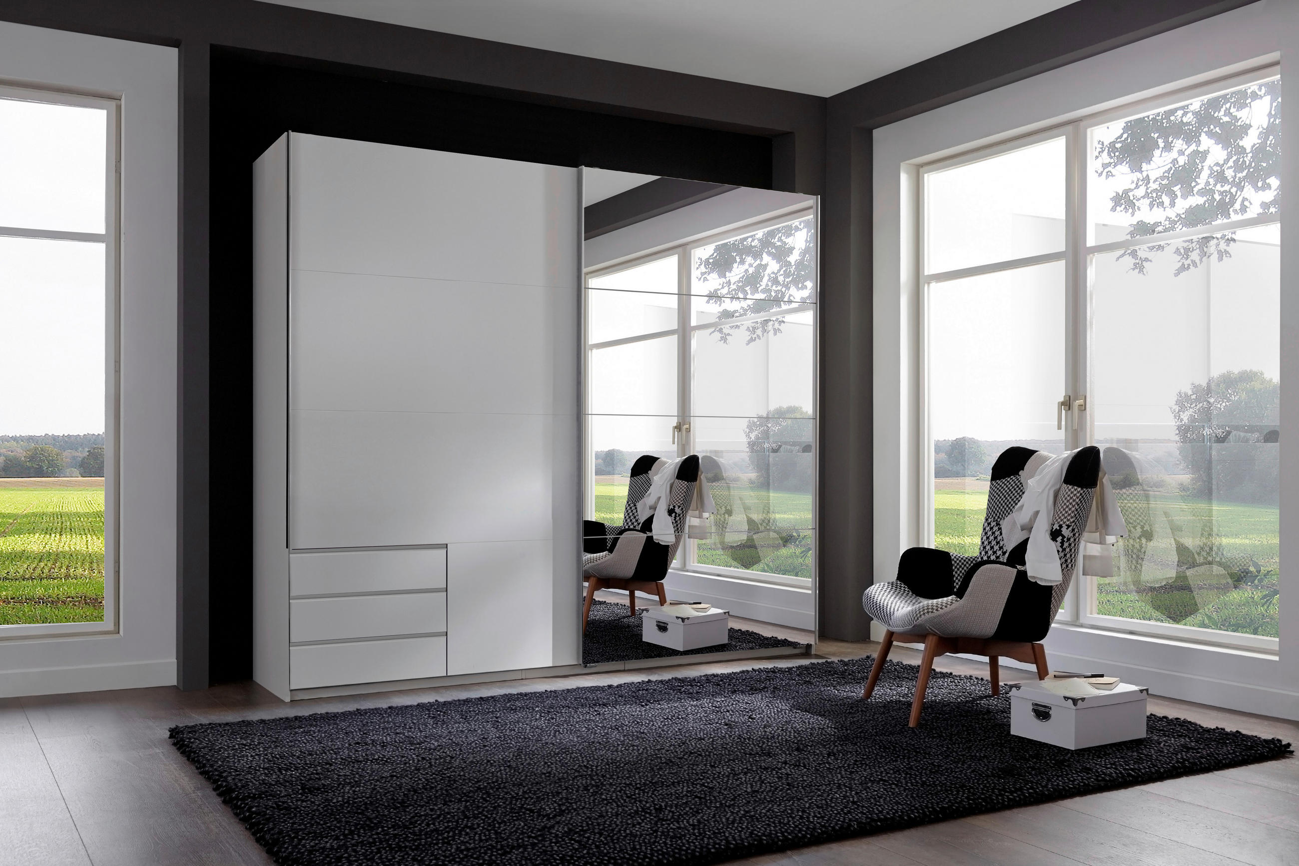 OMARA Z DRSNIMI VRATI, bela - bela/barve aluminija, Moderno, kovina/leseni material (225/210/65cm) - Hom`in
