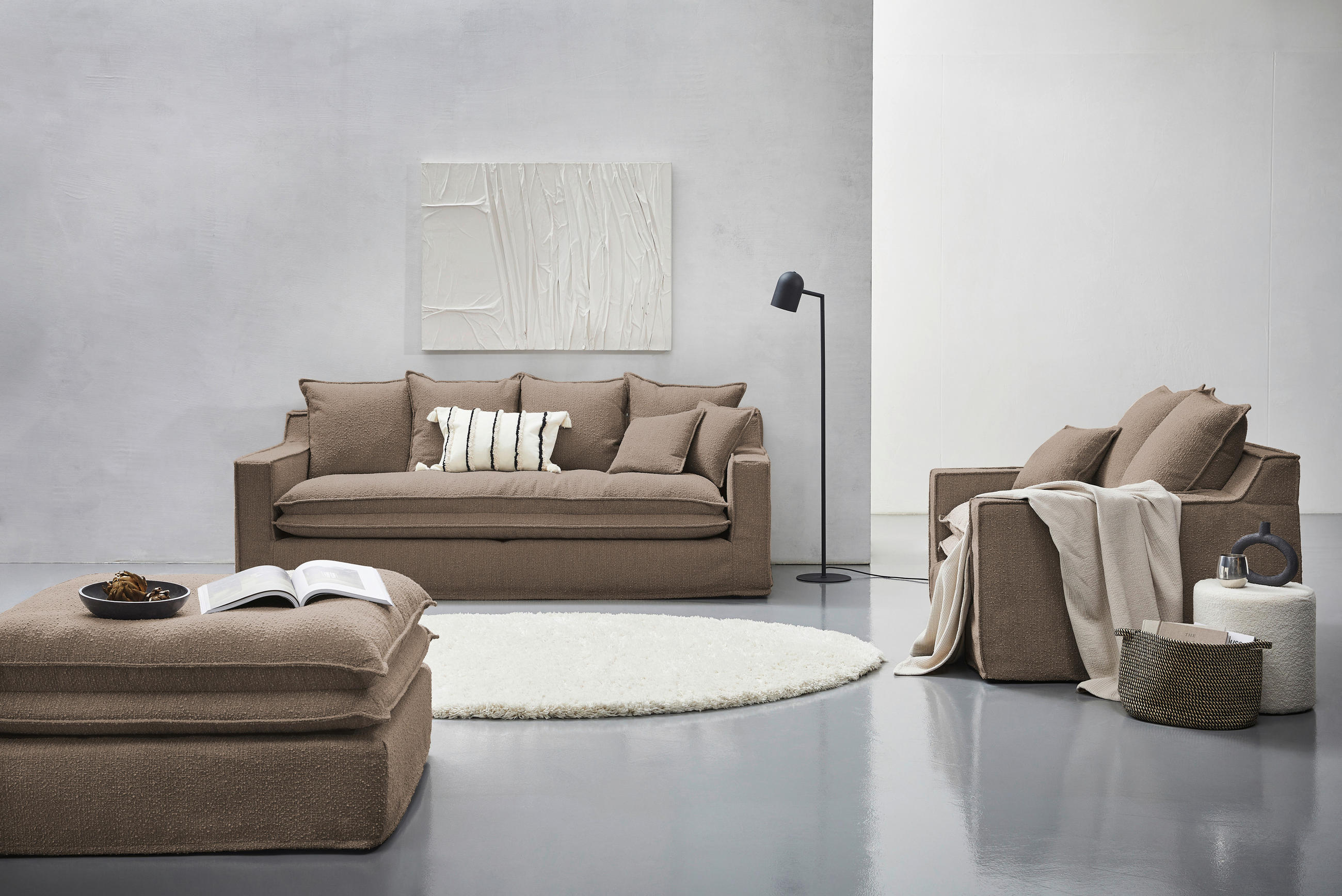 HUSSEN-3-SITZER-SOFA Bouclé Braun - Schwarz/Braun, Trend, Kunststoff/Textil (227/92/105cm) - Livetastic