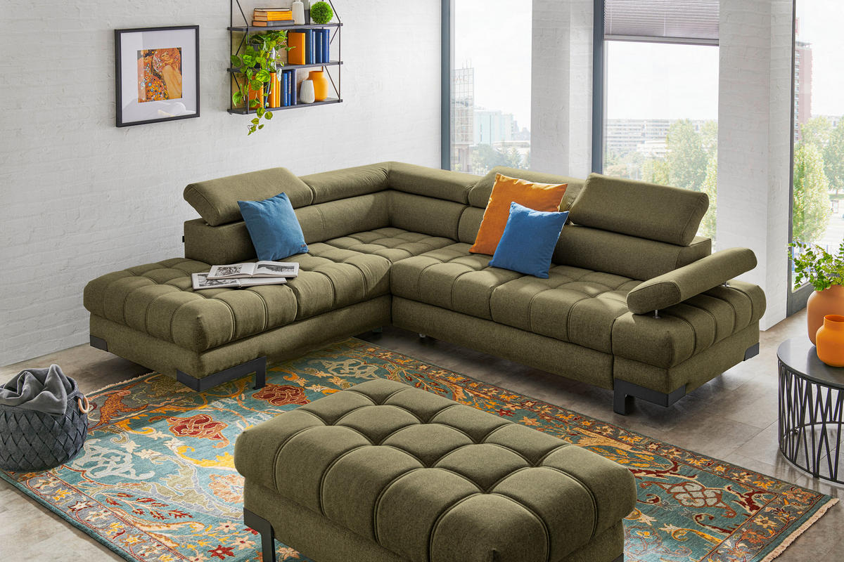 ECKSOFA in Webstoff Olivgrün  - Schwarz/Olivgrün, Design, Textil/Metall (223/263cm) - Welnova