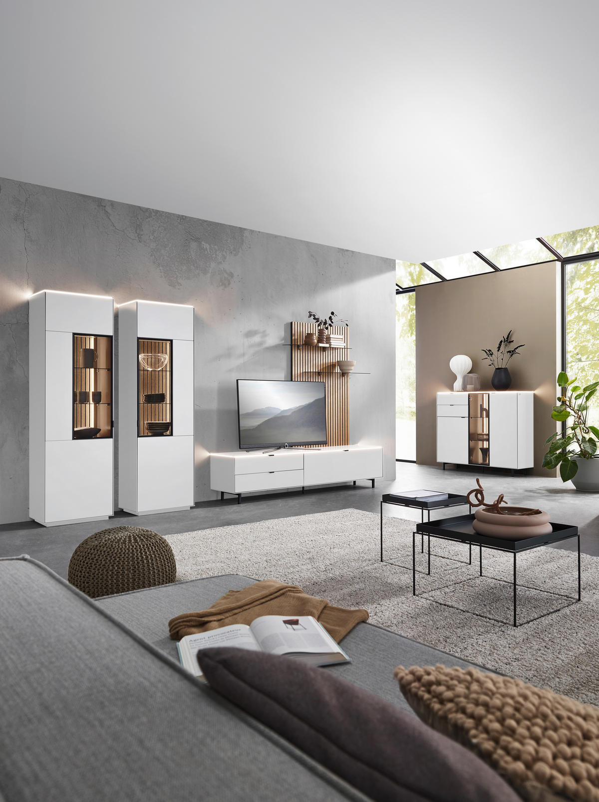 WOHNWAND  in Naturfarben, Weiss 216/149/46 cm  - Weiss/Naturfarben, Design, Glas/Holzwerkstoff (216/149/46cm) - Dieter Knoll