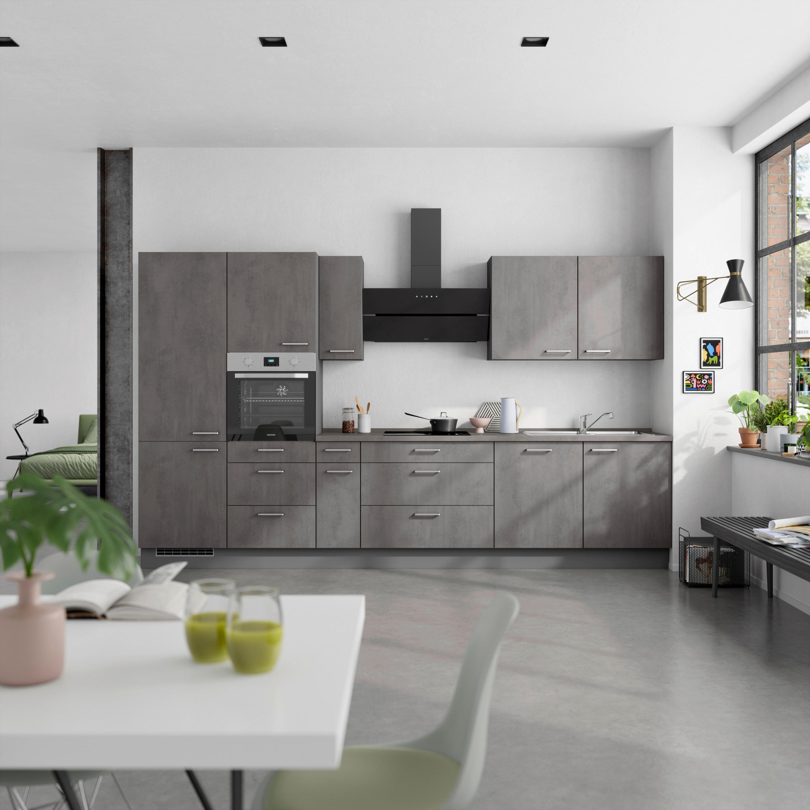 KÜCHENBLOCK Riva 360 cm  in Schieferfarben  - Schieferfarben/Edelstahlfarben, MODERN, Holzwerkstoff/Metall (360cm) - Nobilia