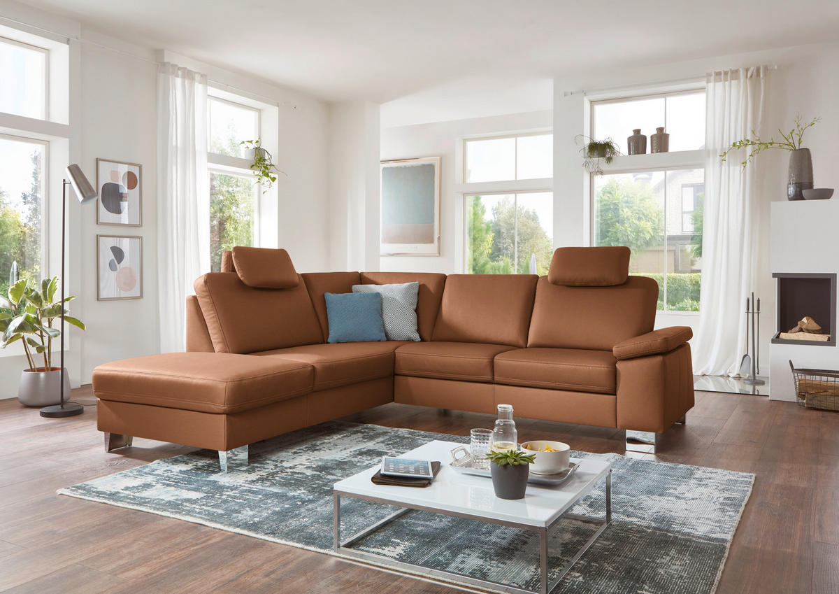 ECKSOFA  in Echtleder Cognac  235/248 cm  - Cognac/Alufarben, Design, Leder/Metall (235/248cm) - Beldomo Premium