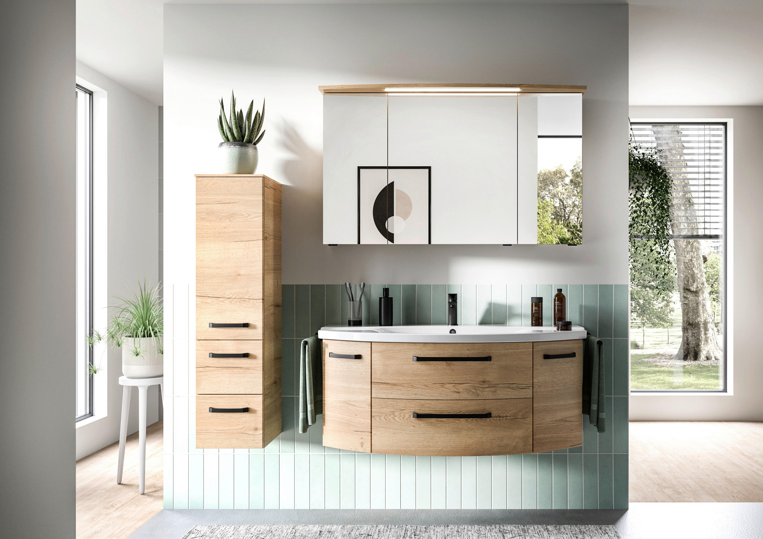 BADEZIMMER 3-teilig  in 122 cm  - Eichefarben/Schwarz, MODERN, Glas/Keramik (122cm) - Sadena