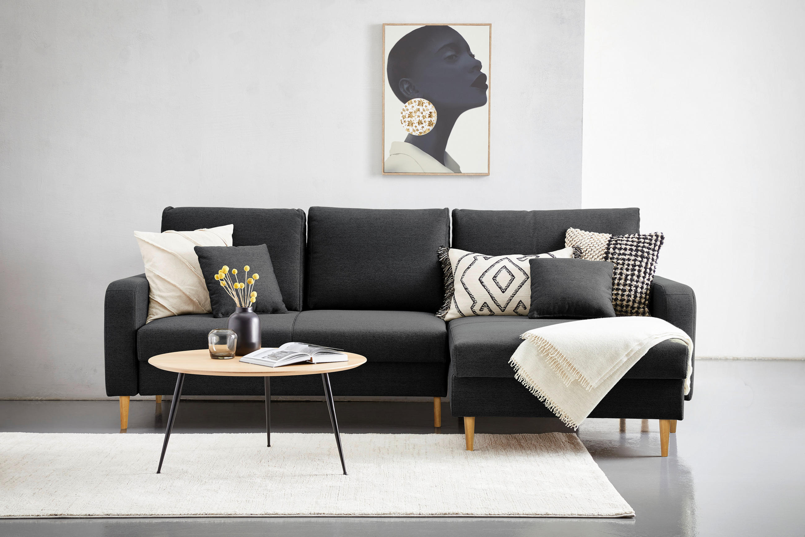 ECKSOFA in Flachgewebe Schwarz - Eiche Wotan/Schwarz, Konventionell, Holz/Textil (255/157cm) - Carryhome