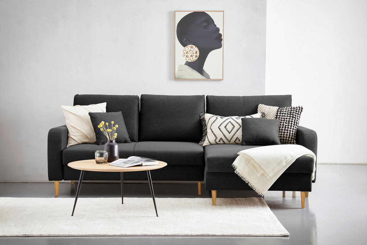 ECKSOFA in Flachgewebe Schwarz  - Eiche Wotan/Schwarz, Konventionell, Holz/Textil (255/157cm) - Carryhome