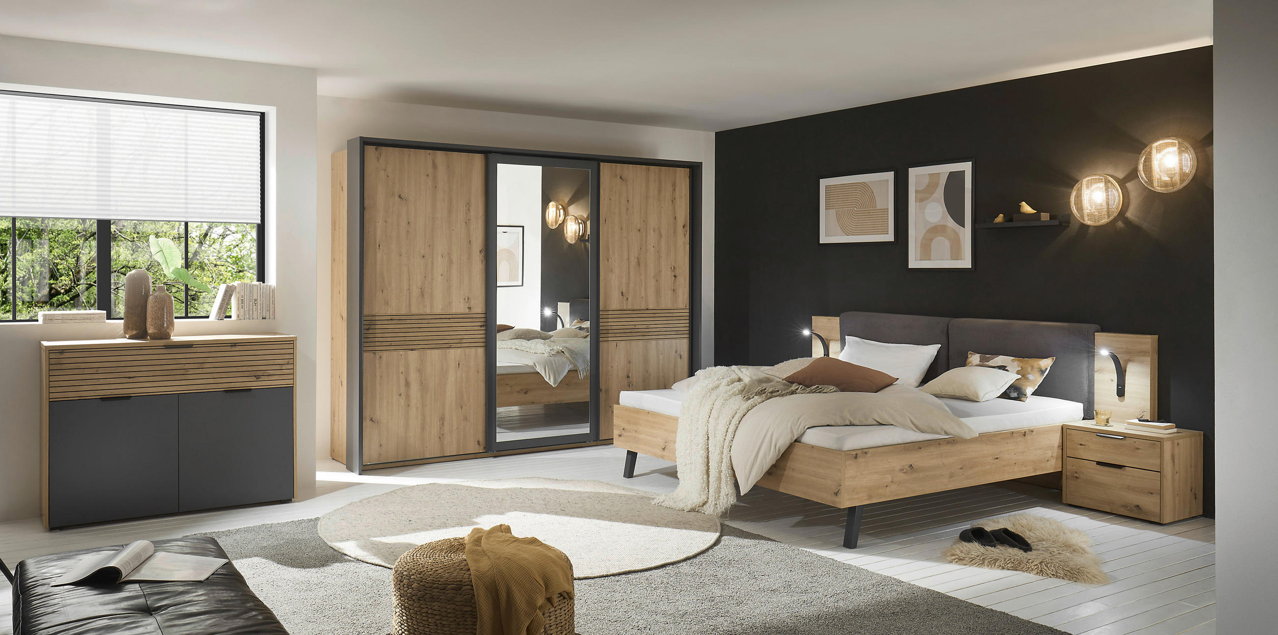 SCHWEBETÜRENSCHRANK 270/210/63 cm 3-türig Graphitfarben, Eiche Artisan  - Graphitfarben/Eiche Artisan, KONVENTIONELL, Glas/Holzwerkstoff (270/210/63cm) - Ti'me